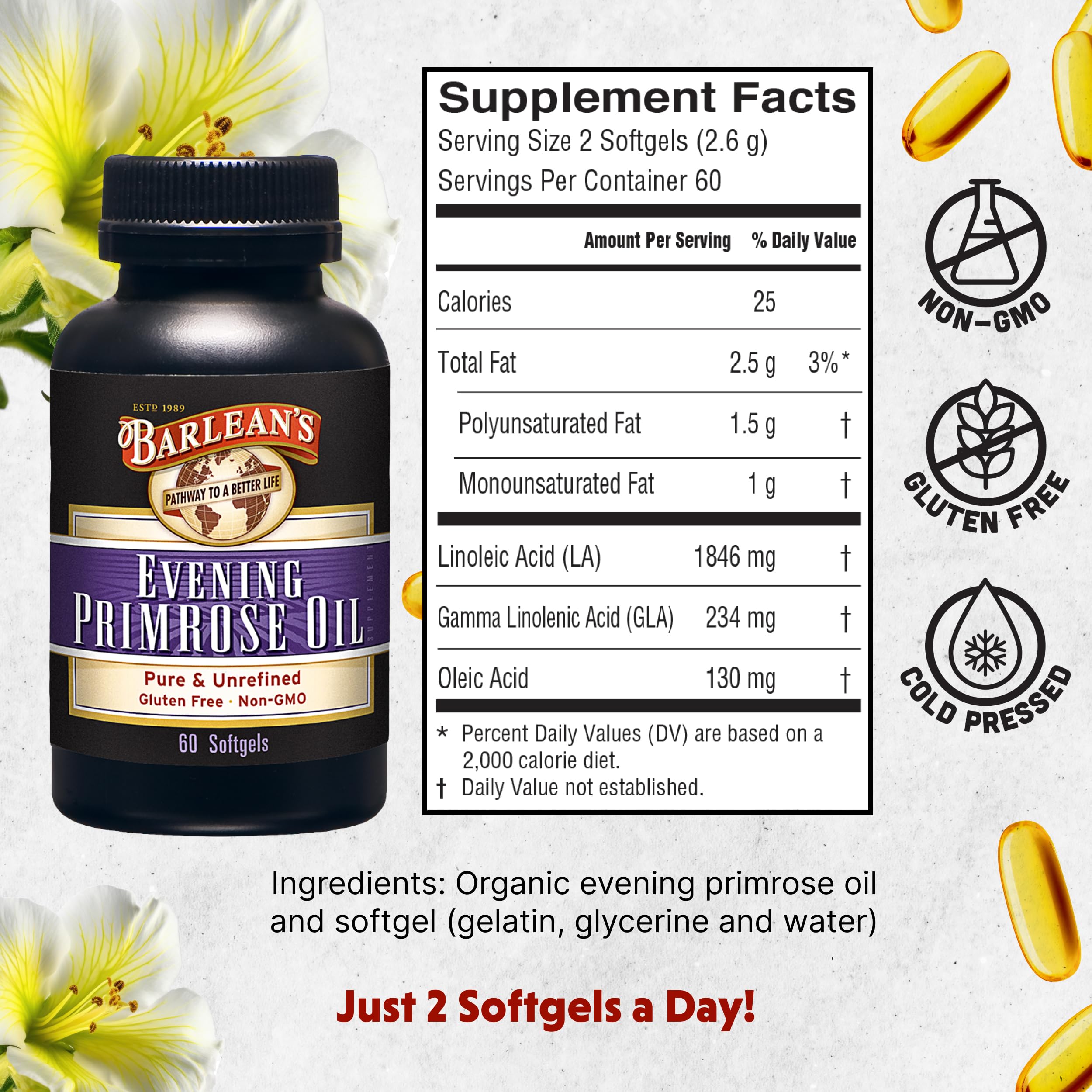 Barlean's Evening Primrose Oil Softgels with Gamma-Linolenic Acid (GLA) - Non-GMO, Gluten-Free - 60-Softgels — Amazon image 2