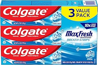 Colgate Max Fresh with Whitening Toothpaste with Mini Breath Strips, Cool Mint Toothpaste for Bad Breath, 6.3 Oz Tube. 3 Pack