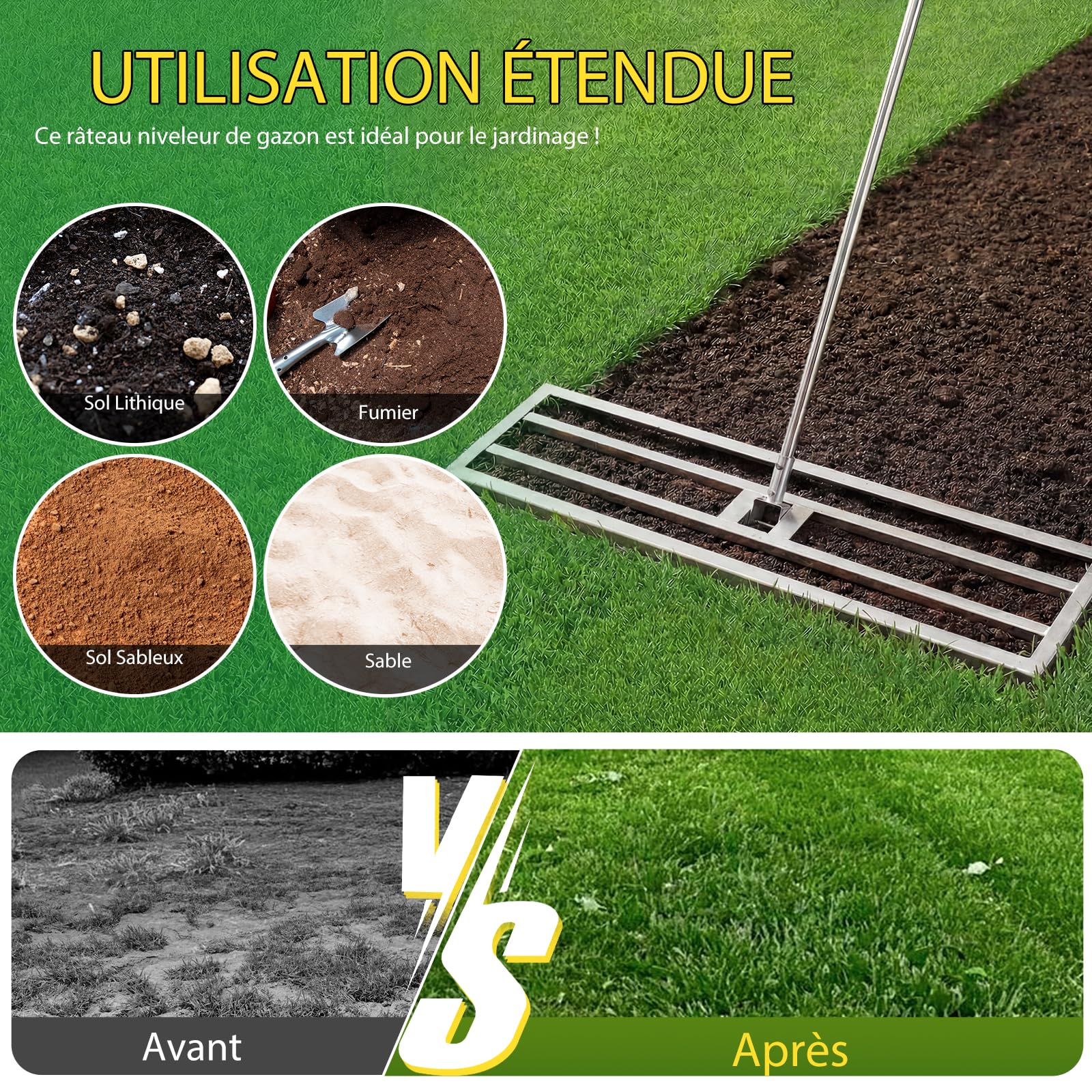 YODOLLA Râteau de Nivellement de Pelouse 102×25cm, Niveleur de Gazon Professionne Outil de Nivellement pour Jardin, Golf - Argent