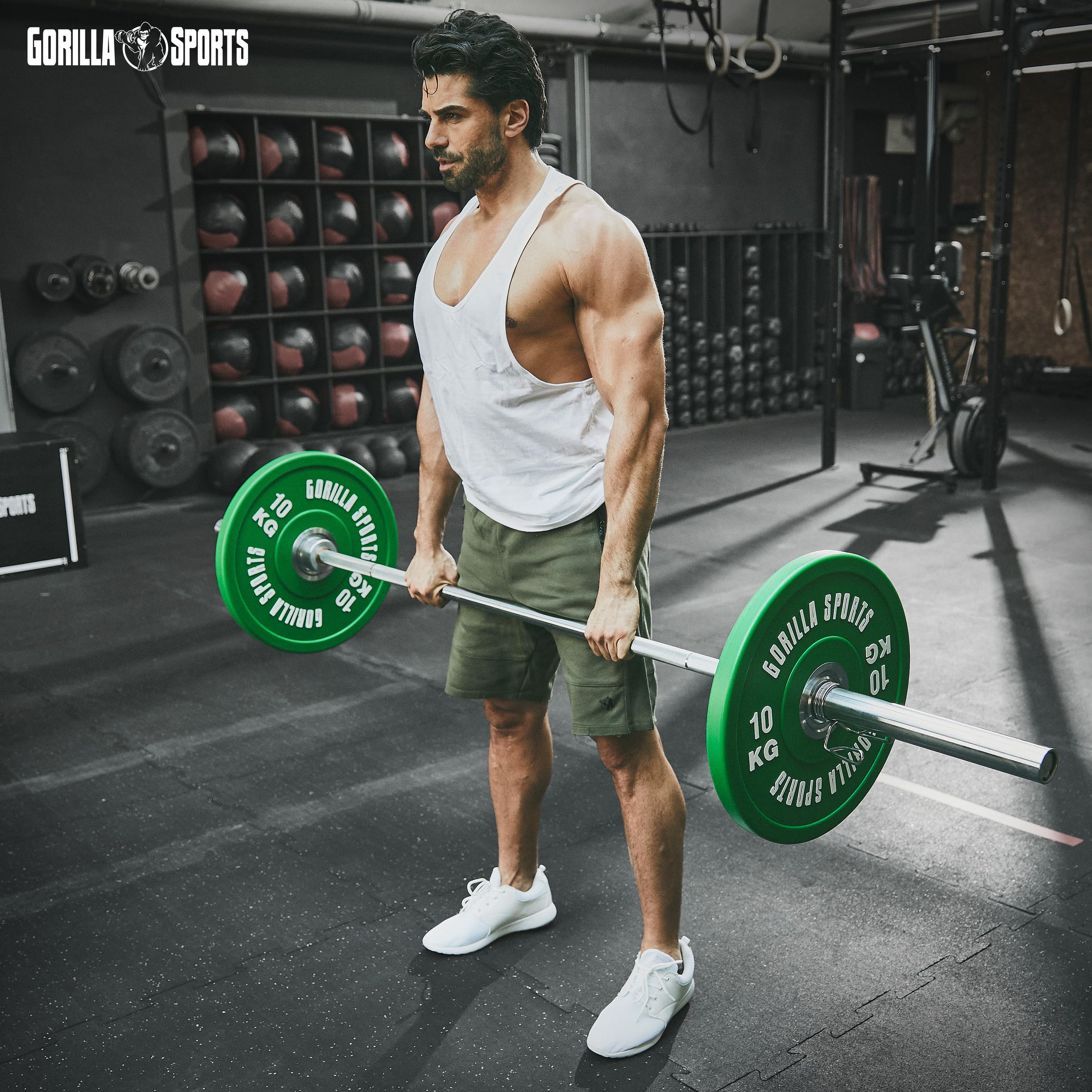 GORILLA SPORTS® Bumper Plates - Discos de pesas (50 mm, individuales, 5/10/15/20/25 kg, hierro fundido, engomado)