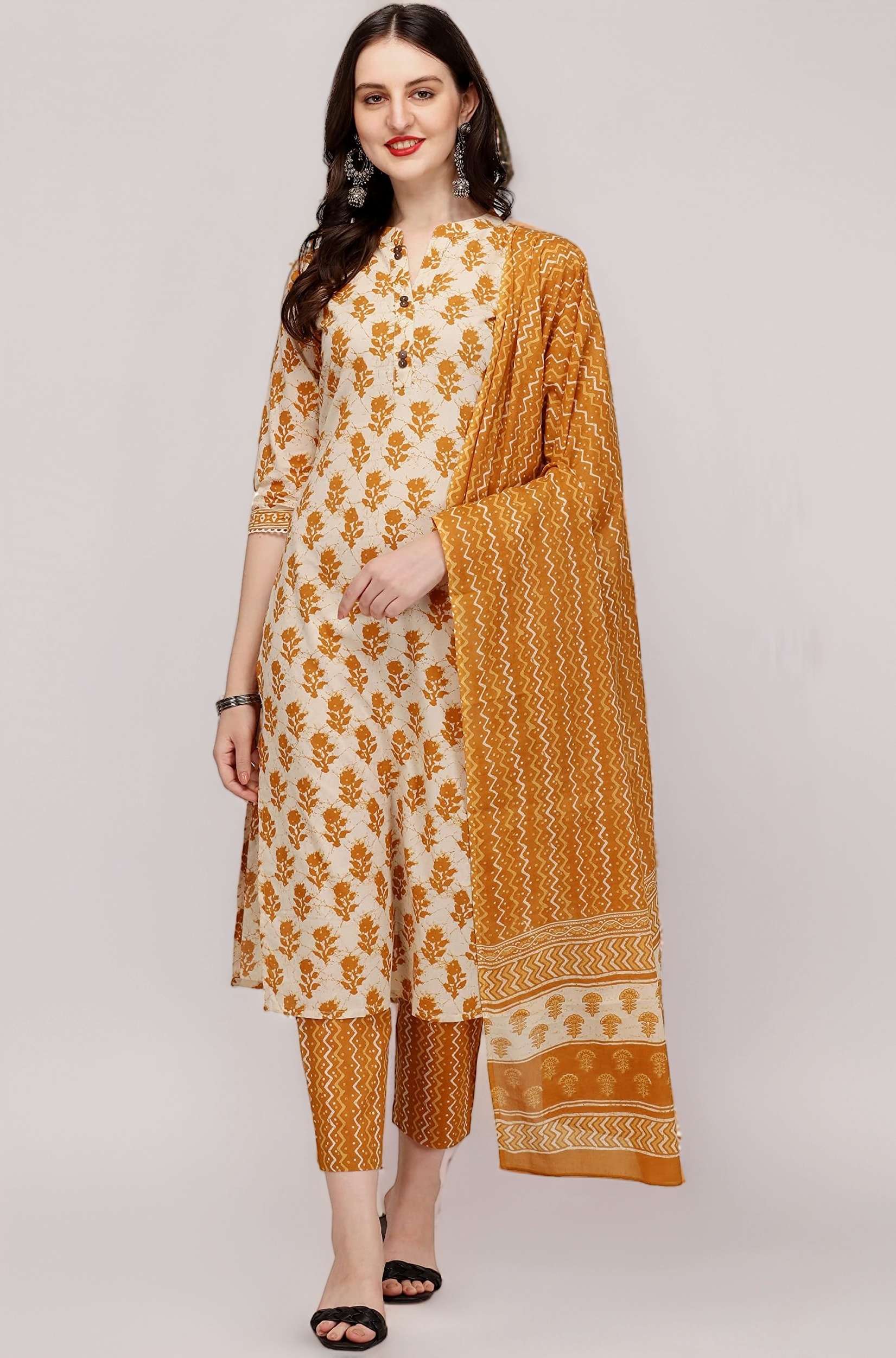 FIORRA Women's Blue Pure Cotton Straight Kurta with Pant SET0046