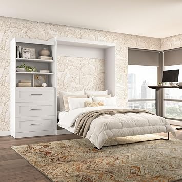 Bestar Queen Murphy Bed & Shelving with Drawers, White, Pur, 101W