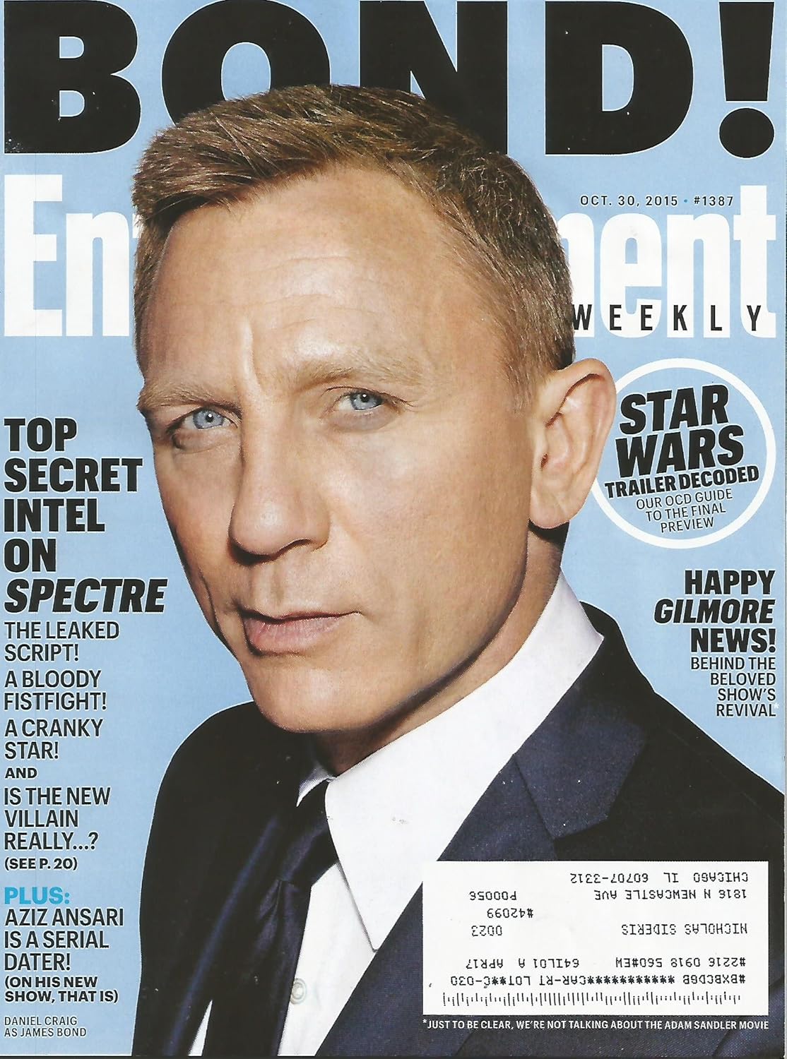 Amazon Com Entertainment Weekly October 30 15 James Bond 007 Daniel Craig In Spectre Star Wars Happy Gilmore More Everything Else
