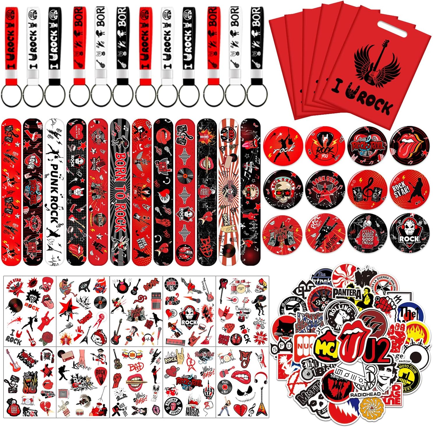 YYMYMGJRock and Roll Party Favors, Rock Star Supplies Decorations Includes 12 Keychain, 12 badge, 12 Bracelet,12Bags, 12 sheet tattoos for 80s 90s Rock Party Favors Goodie Bags Stuffers