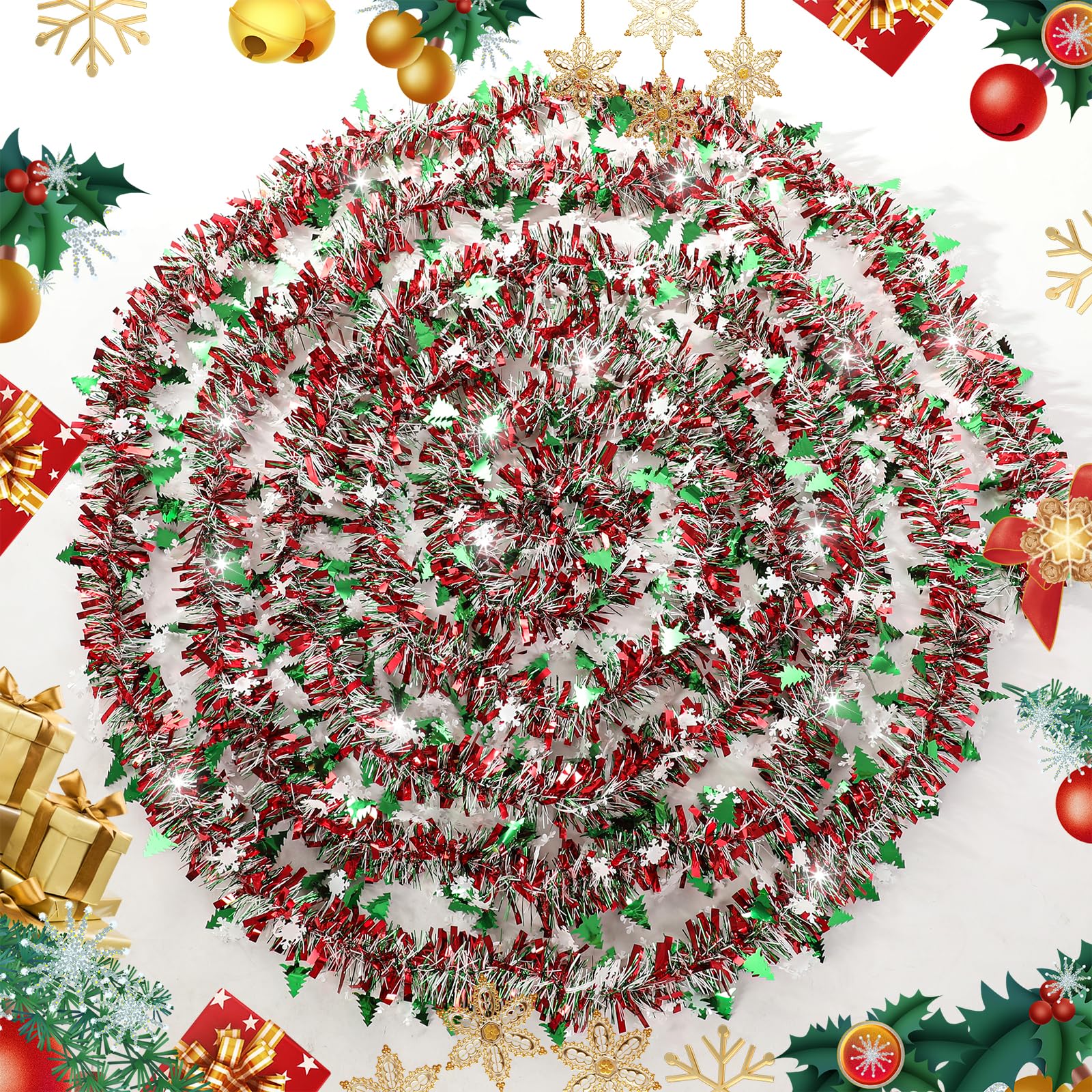 33 FT Christmas Tinsel Garland Decorations,Red Green and White Garland