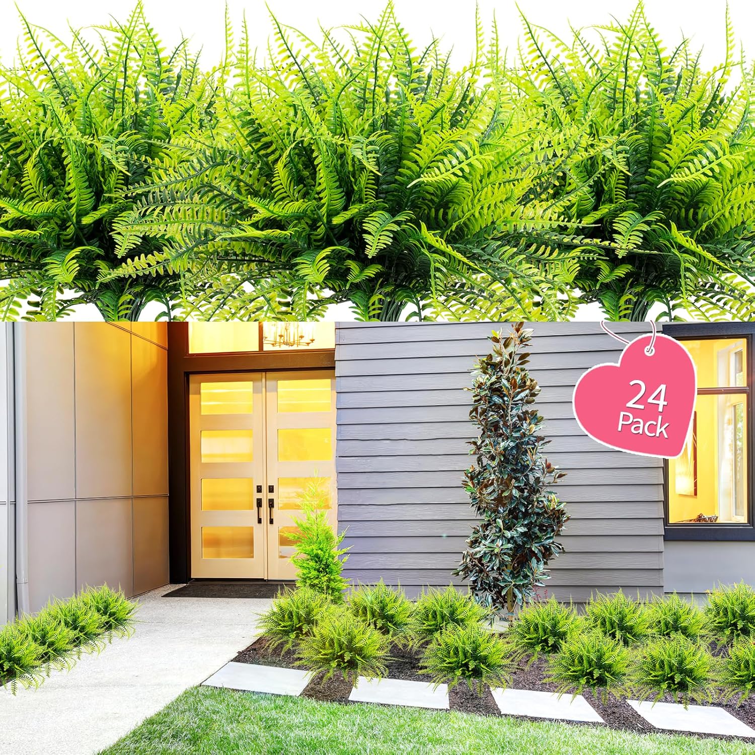 24 Bundles Artificial Plants for Outdoor Faux Boston Ferns UV Resistant Fake Plants Plastic Greenery Shrubs Fake Flowers Outside Indoor for Home Garden Patio Planter Pathway Porch Window Decor