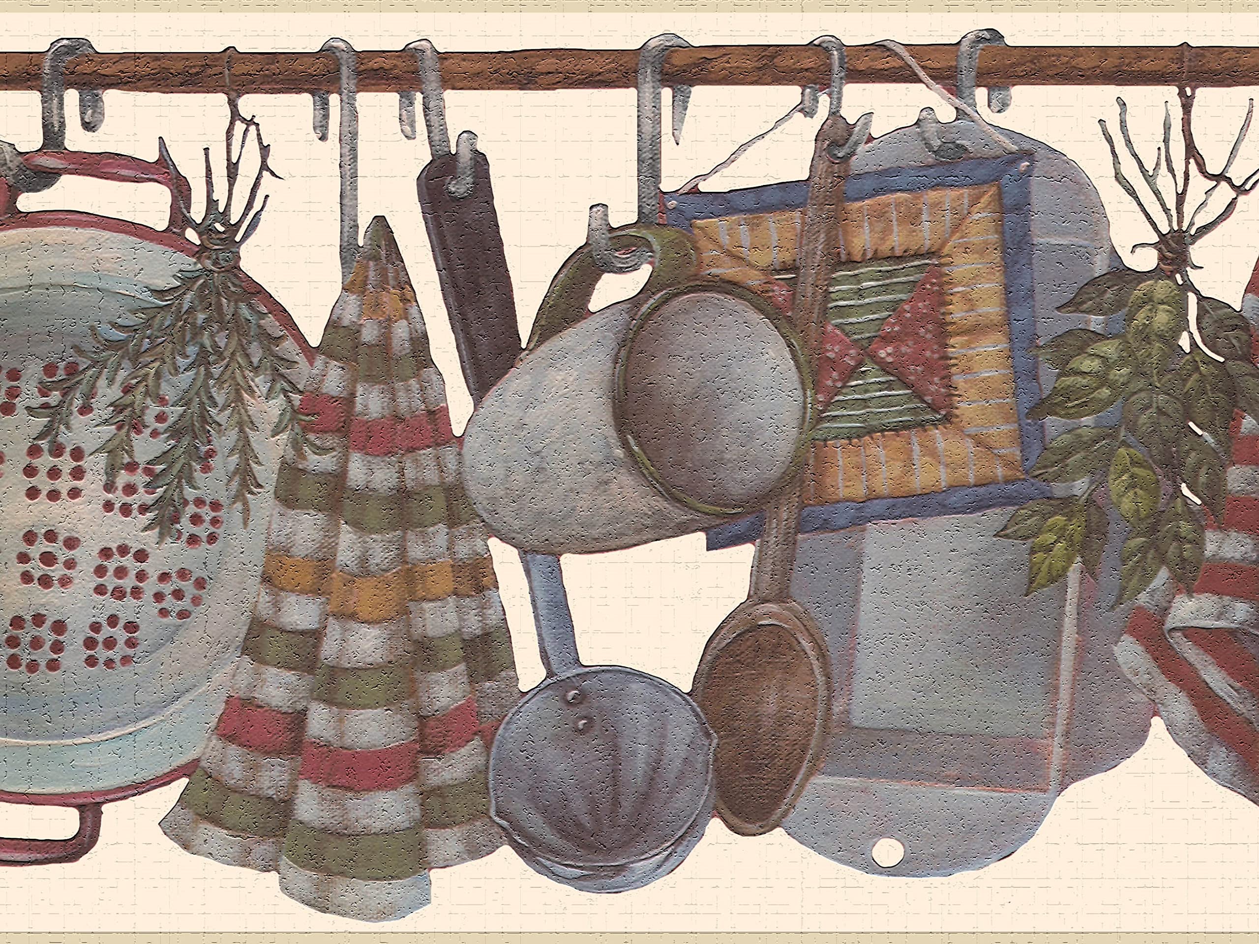 Dundee DecoDDAZBD9272 Peel and Stick Wallpaper Border - Kitchen Red Grey Brown Cooking untensils Wall Border Retro Design, 15 ft x 7 in (4.57m x 17.78cm), Self Adhesive