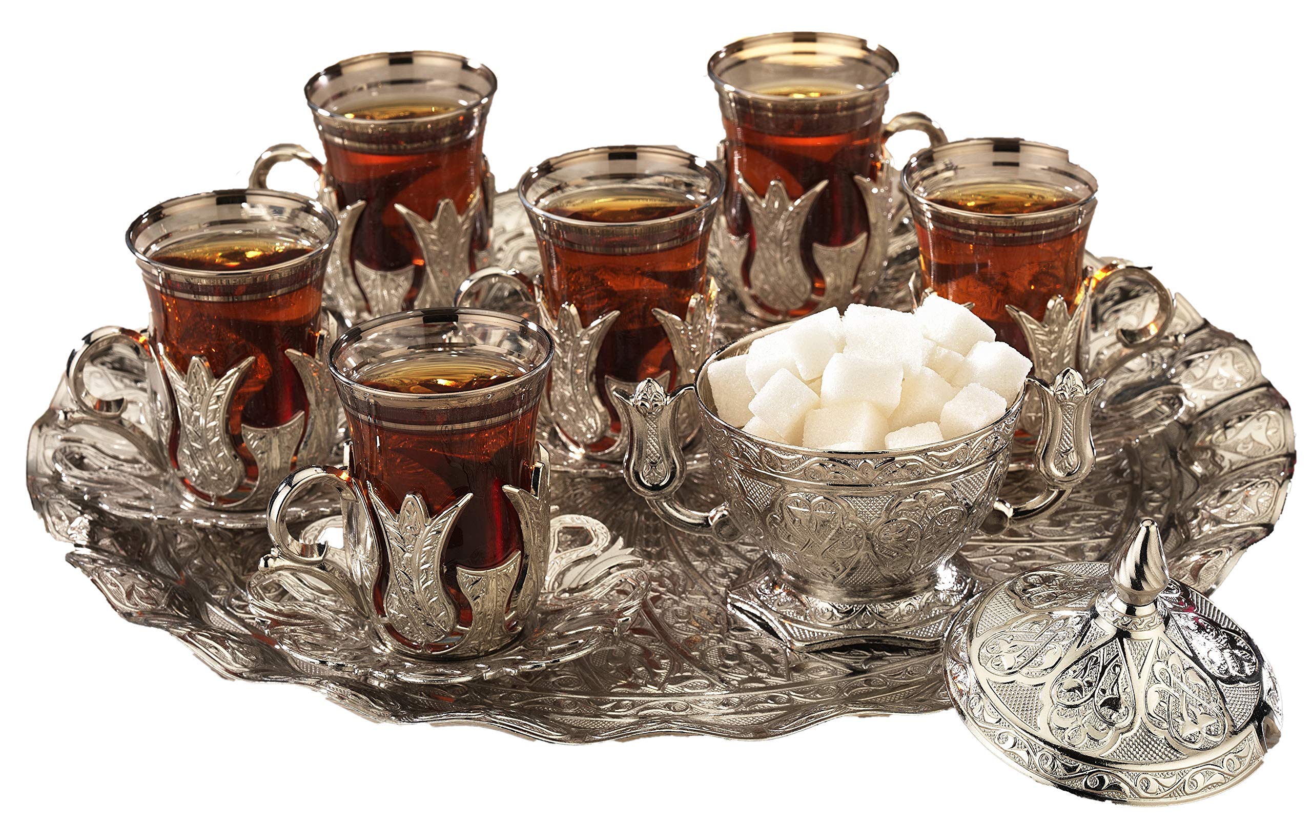 Gold Case Silver plated Turkish Tea Glasses Service Set for 6 - Made in Turkey - 21 pieced METAL set including tray and sugar bowl with lid in Gift Box, Silver