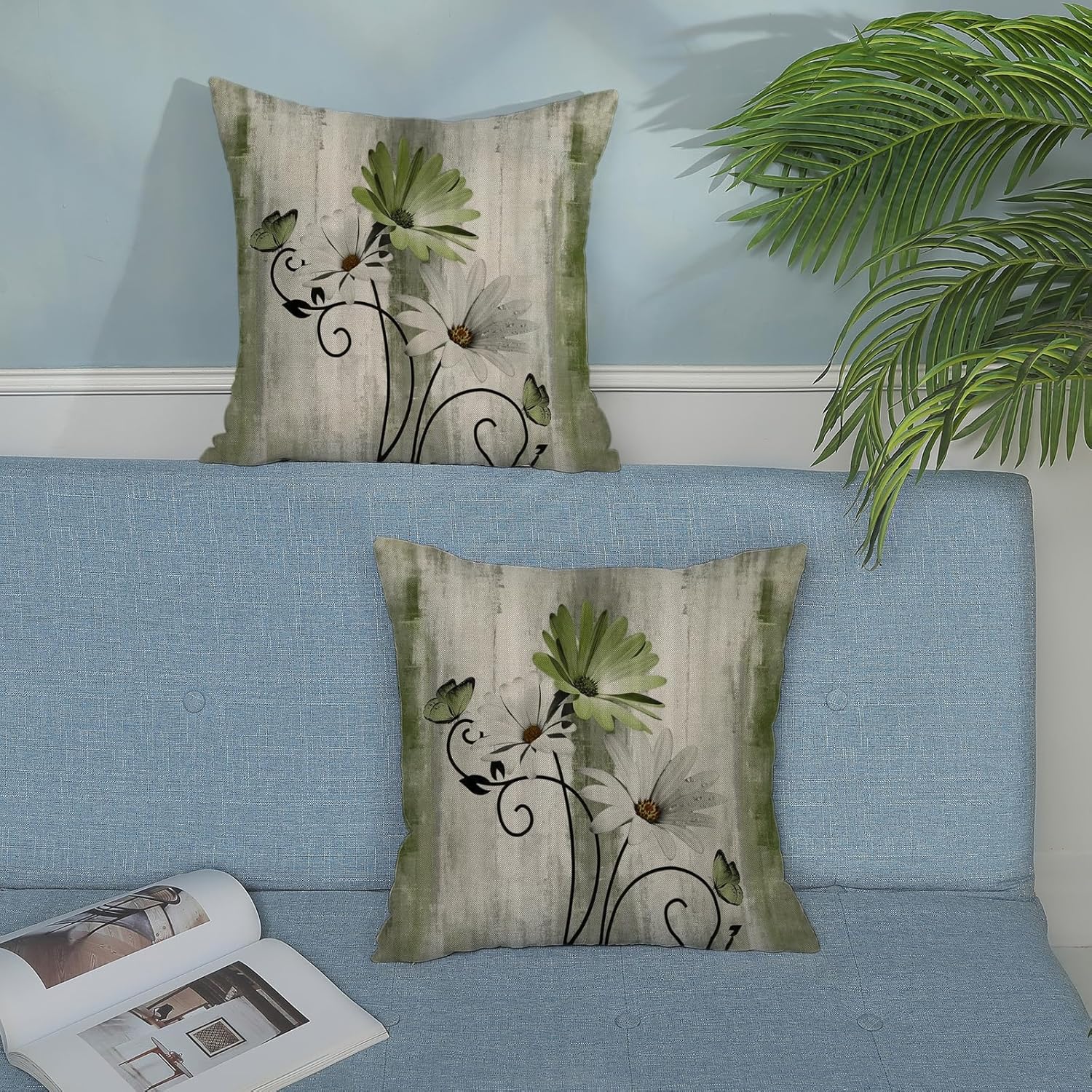 Vintage Throw Pillow Covers 18x18 Inch 2 Pcs Sage Green Daisy Floral Butterfly Decor Pillow Covers Rustic Flower Spring Summer Outdoor Decorative Pillowcase Linen Cushion Cover for Couch Sofa - Image 3