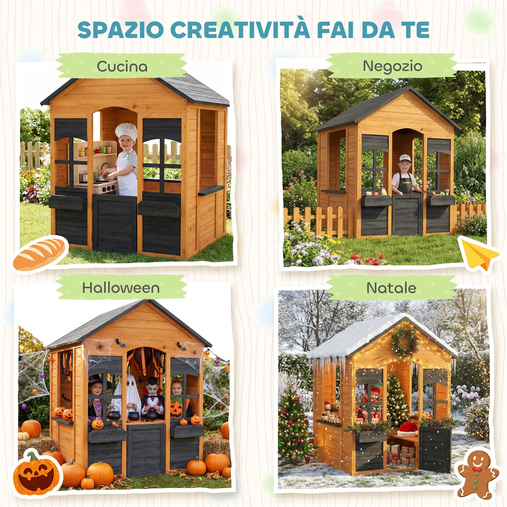 AIYAPLAY Casetta da Giardino per Bambini 3-8 Anni con Tetto, Marrone Chiaro | Legno di Abete, Esterno Interno, Mezza Porta, Finestre, Portavasi, 110.6x106.6x138 cm