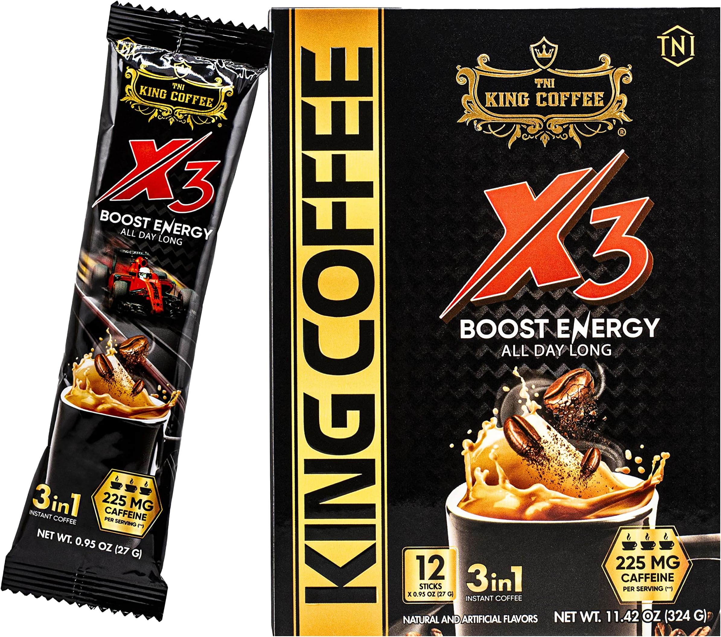 King Coffee 3in1 X3 Instant Vietnamese Coffee Packets, Box 12 sticks x 0.95 oz (27g), Boost Energy Cafe Mix, Perfect for Powerful Day (1)