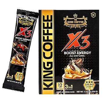 King Coffee 3in1 X3 Instant Vietnamese Coffee Packets, Box 12 sticks x 0.95 oz 27g, Boost Energy Cafe Mix, Perfect for Powerful Day 1