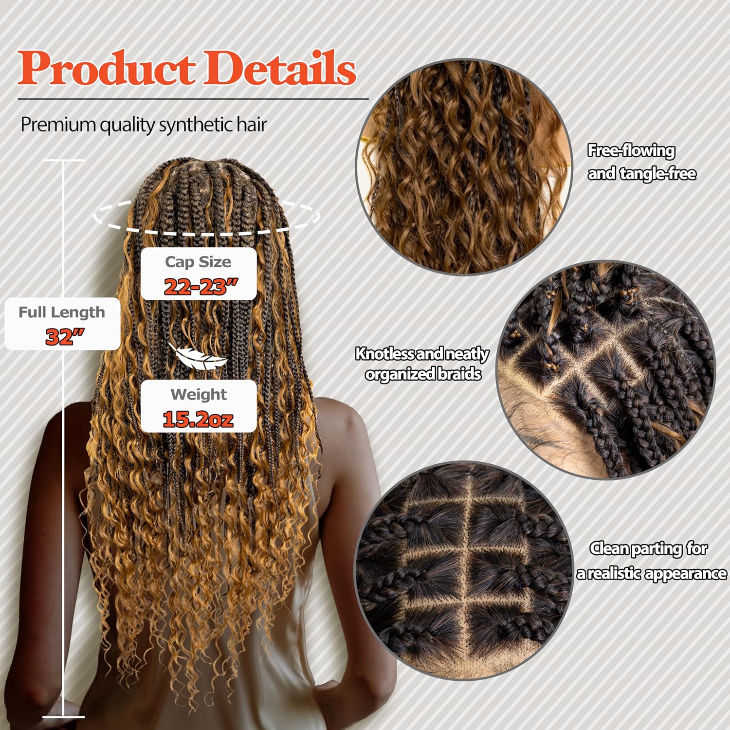 Gypsy Boho Box Braided Wig - Synthetic Knotless Braided Wigs for Black Women - Full Lace Square Parted, Glueless Wig with Natural Baby Hair (#1B27 Off Black and Light Brown, 32")