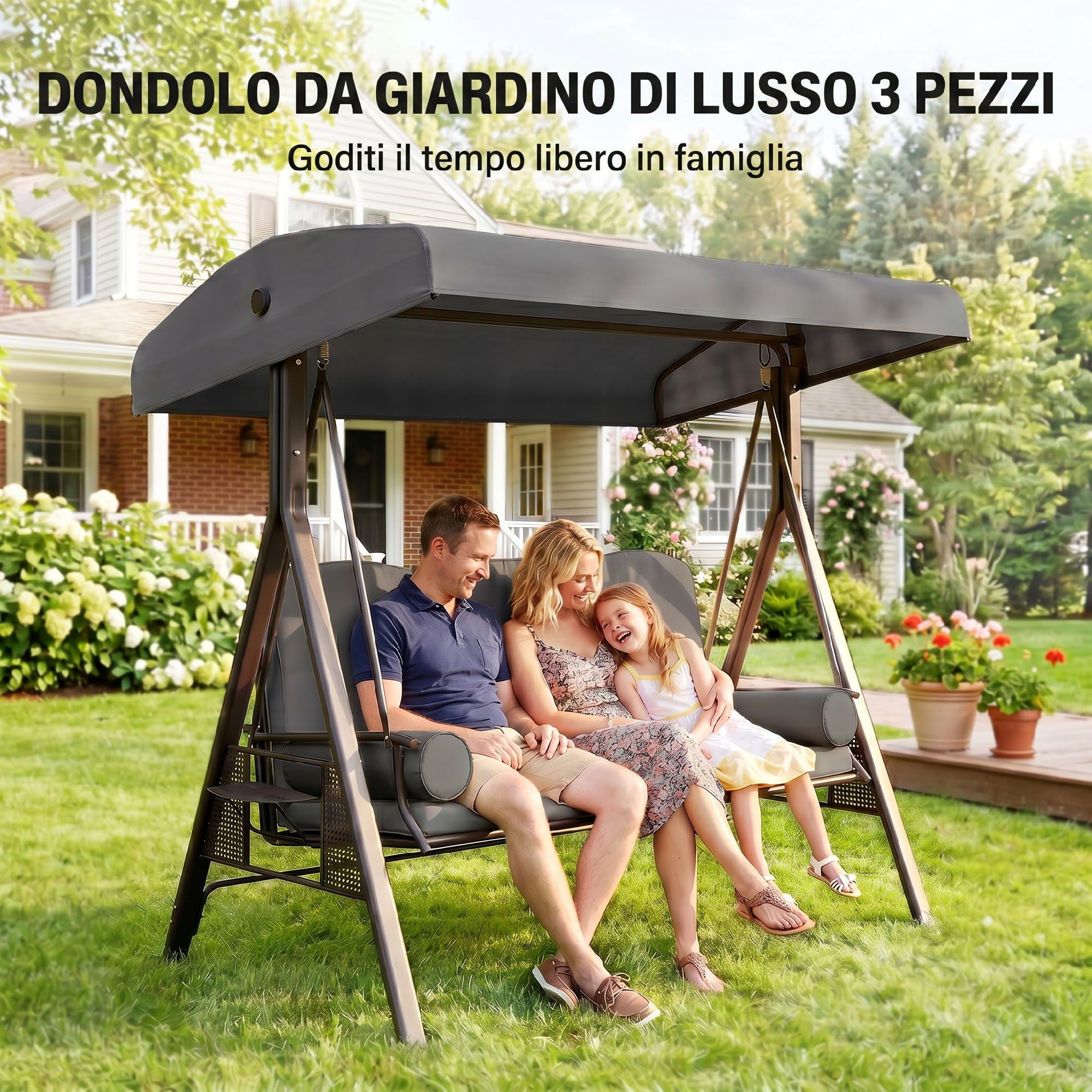 Outsunny Dondolo da Giardino 3 Posti con Tettuccio Parasole Regolabile, Dondolo da Esterno con Portabicchieri e Cuscini Imbottiti, Portata 360 kg, 208x121x172 cm, Grigio Scuro