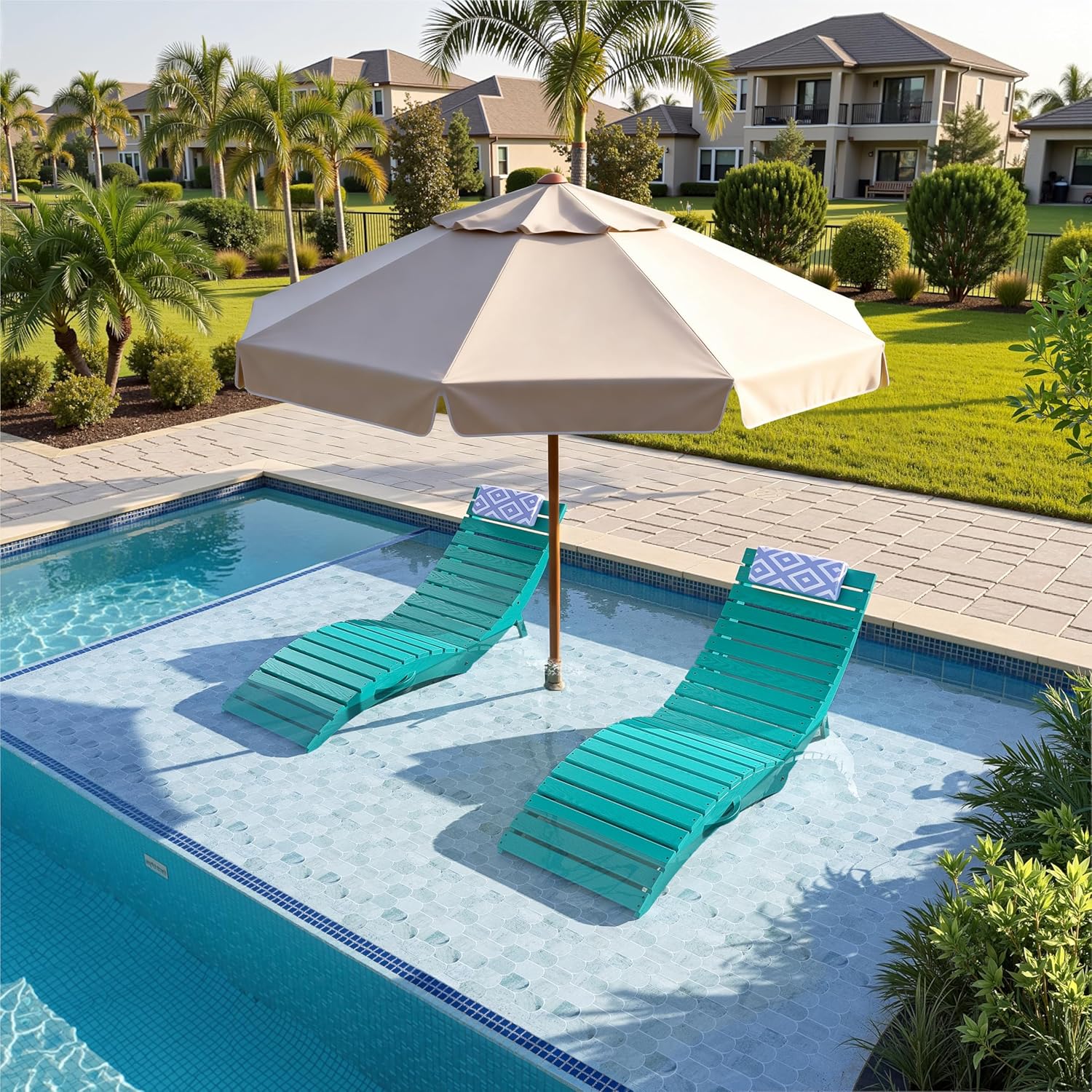 nalone Folding Pool Lounge Chairs Set of 2, HDPE Outdoor Pool Chaise Lounge with Pillow, Pre-Assembled Tanning Chairs with Wheels for Pool Beach Patio (2, Aruba)