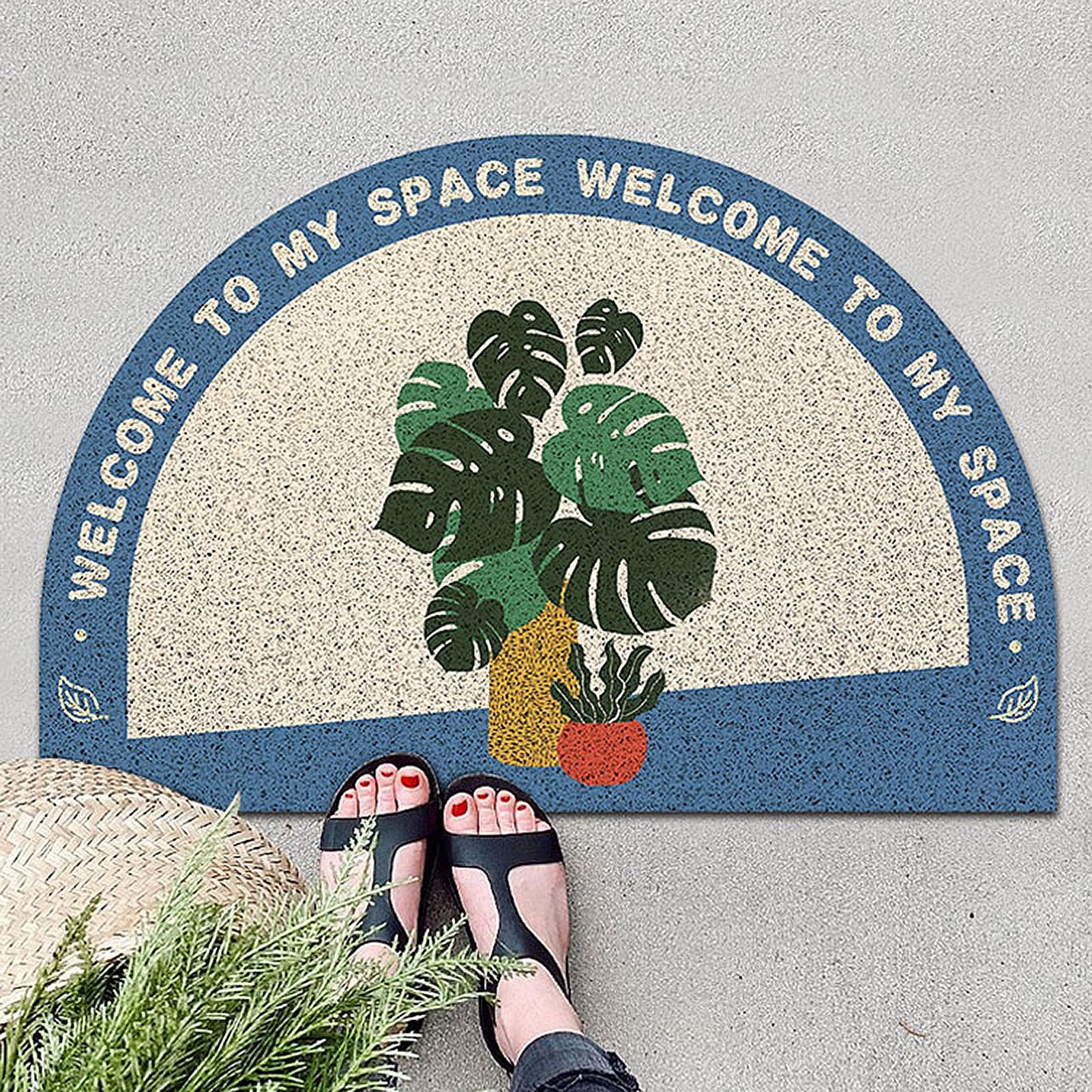 Tapete de bienvenida, semicircular antideslizante, con patrón floral botánico verde, felpudo de entrada interior para decoración del hogar, tapete para entrada