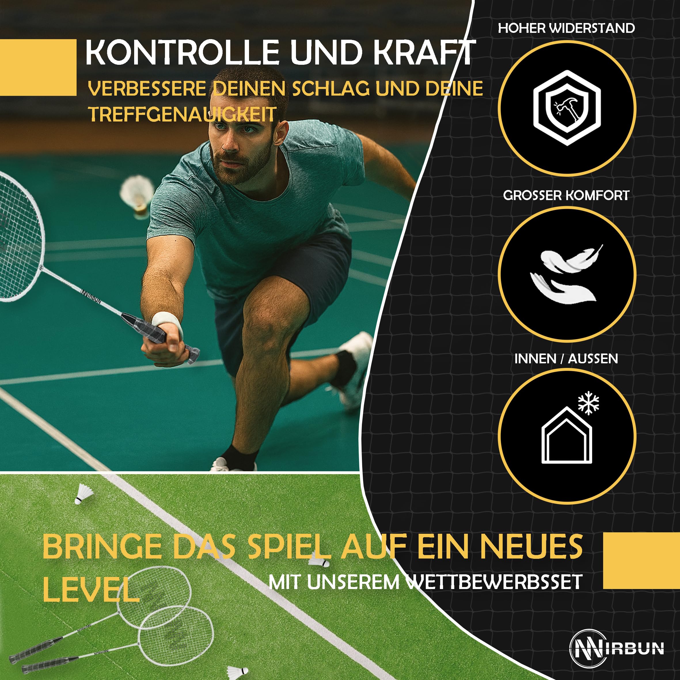 Badminton-Set für 4 Spieler mit Netz | Professionelle Schläger + 3 Federbälle + Tragetasche | Robuster Metallrahmen | 5,1 m Netz | Familienspiel für drinnen und draußen