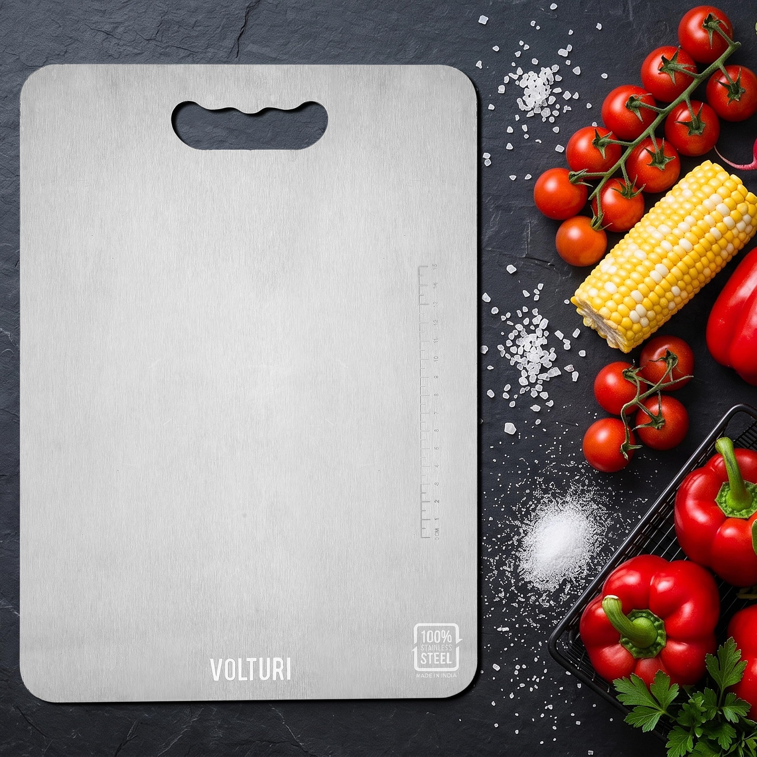 VOLTURI 304 Stainless Steel Chopping Board (36 x 25 cm), Upgraded to Surgical-Level Hygiene, Food-Grade, Non-Porous, Rustproof, Heat Resistant Heavy-Duty Cutting Board Built for Daily Indian Cooking