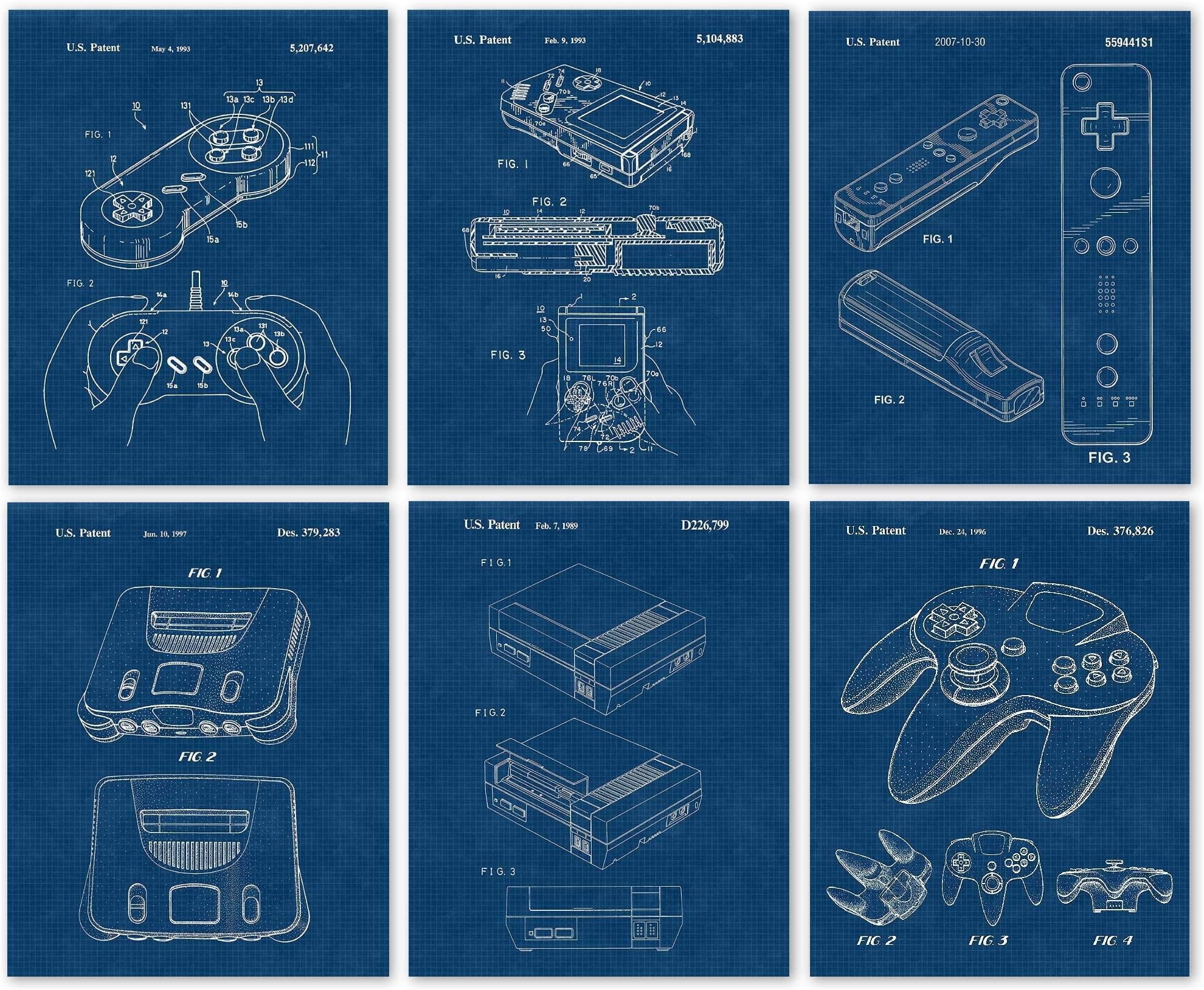 Classic Video Gaming Console Controller Patent Prints, 6 (8x10) Unframed Photos, Wall Art Decor Gift for Home Office Work Garage Man Cave Shop College Student Teacher Coach ComicCon Nintendo Fans