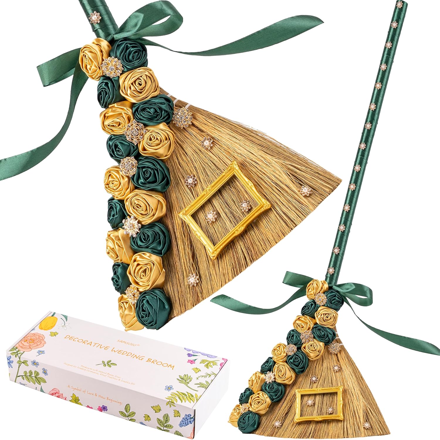 Wedding Broom for Jumping the Broom Ceremony, Green & Gold Velvet Roses with Crystals, Brooch & Photo Frame, Decorative Wedding Keepsake & Display, 40in