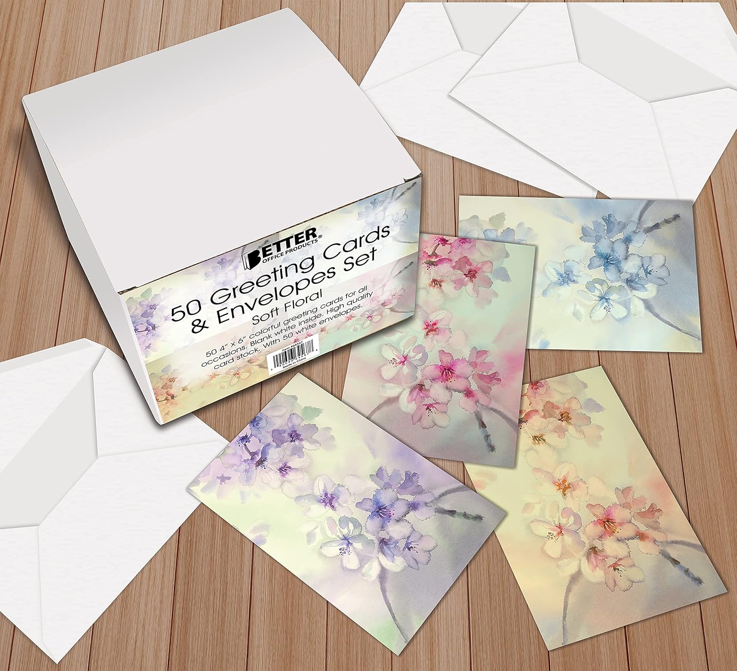 Better Office Products 50-Pack All Occasion Greeting Cards Box Set, 4 x 6 inch, 50 Assorted Blank Note Cards & 50 Envelopes, 6 Floral Watercolor Designs, Blank Inside, 50 Pack