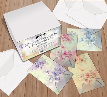 Better Office Products Greeting Card Box Set 50 pieces Pack 4 x 6 inches blank note card 50 pieces Envelope 50 sheets Floral watercolor design 6 pieces Inside is blank 50 pieces