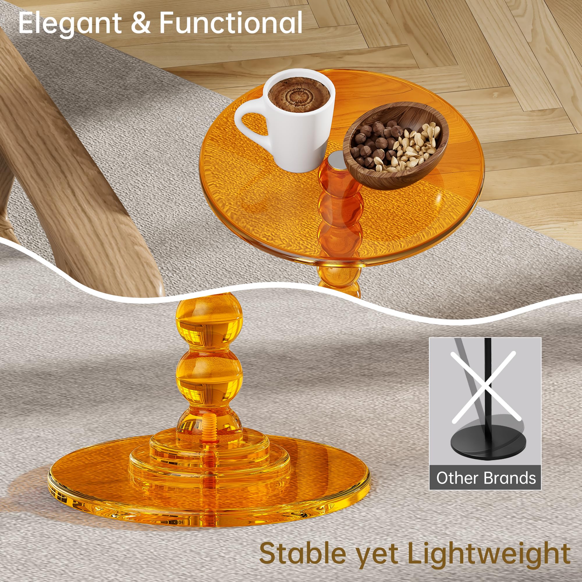 Mesa Auxiliar de acrílico, Mesa Lateral con Tapa Redonda y Poste sólido para salón, Dormitorio, balcón, Mesa de Apoyo, fácil Montaje (Naranja, 30×30×55 cm)