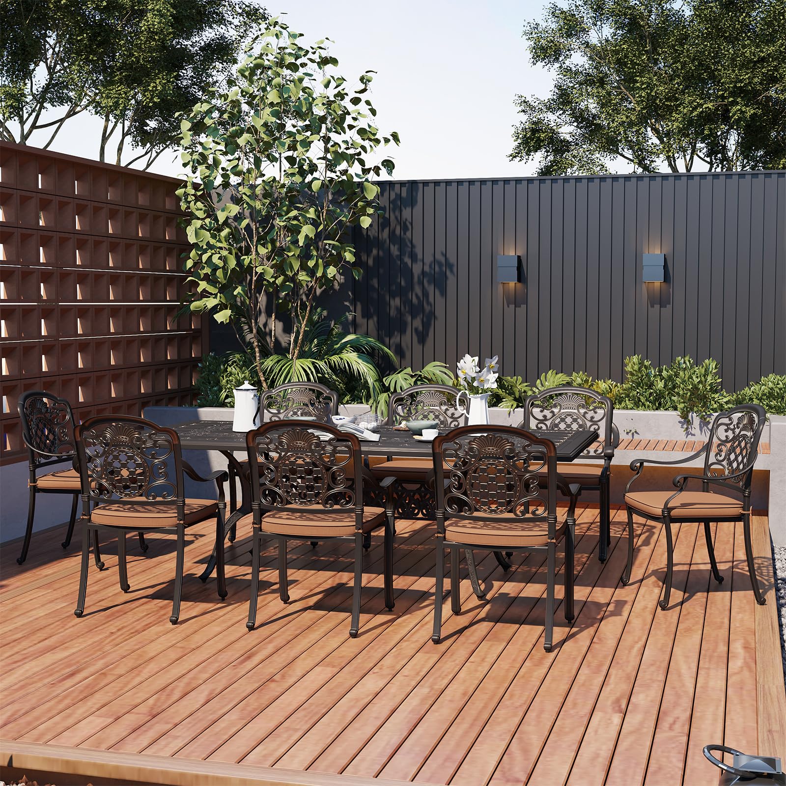 Mesa de comedor al aire libre de aluminio fundido, mesa de comedor de patio de 86.6 pulgadas con almohadillas ajustables para los pies, para jardín, patio trasero, cubierta, bronce oscuro 5