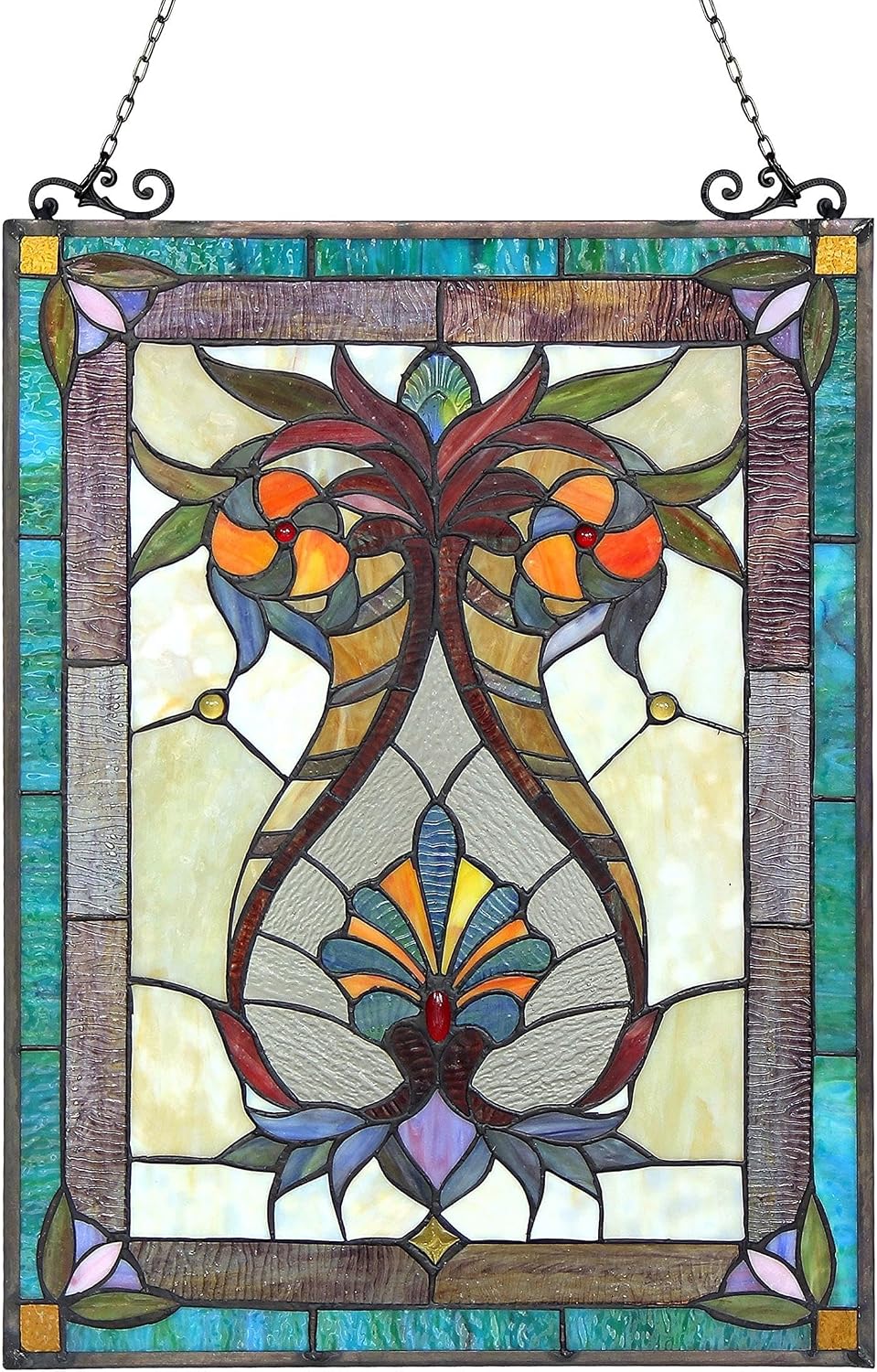Pemberly Row Contemporary Tiffany-Glass Window Panel, 24.6" x 17.5", Multi-Colored Art Glass with Bronze Finish, Victorian Design, Rectangle Shape, Hanging Chain for Indoor Use