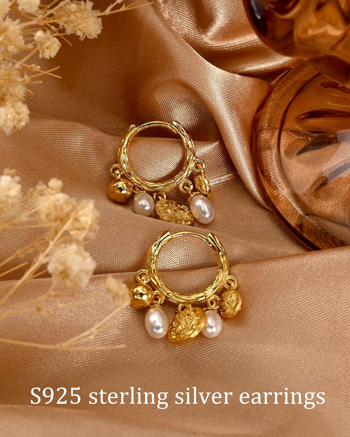 14k Gold Plated Pearl Small Circle Hoop Leverback Huggie White Baroque Pearl Dangle and Drop Vintage Wedding Earrings for Brides Women - Image 4