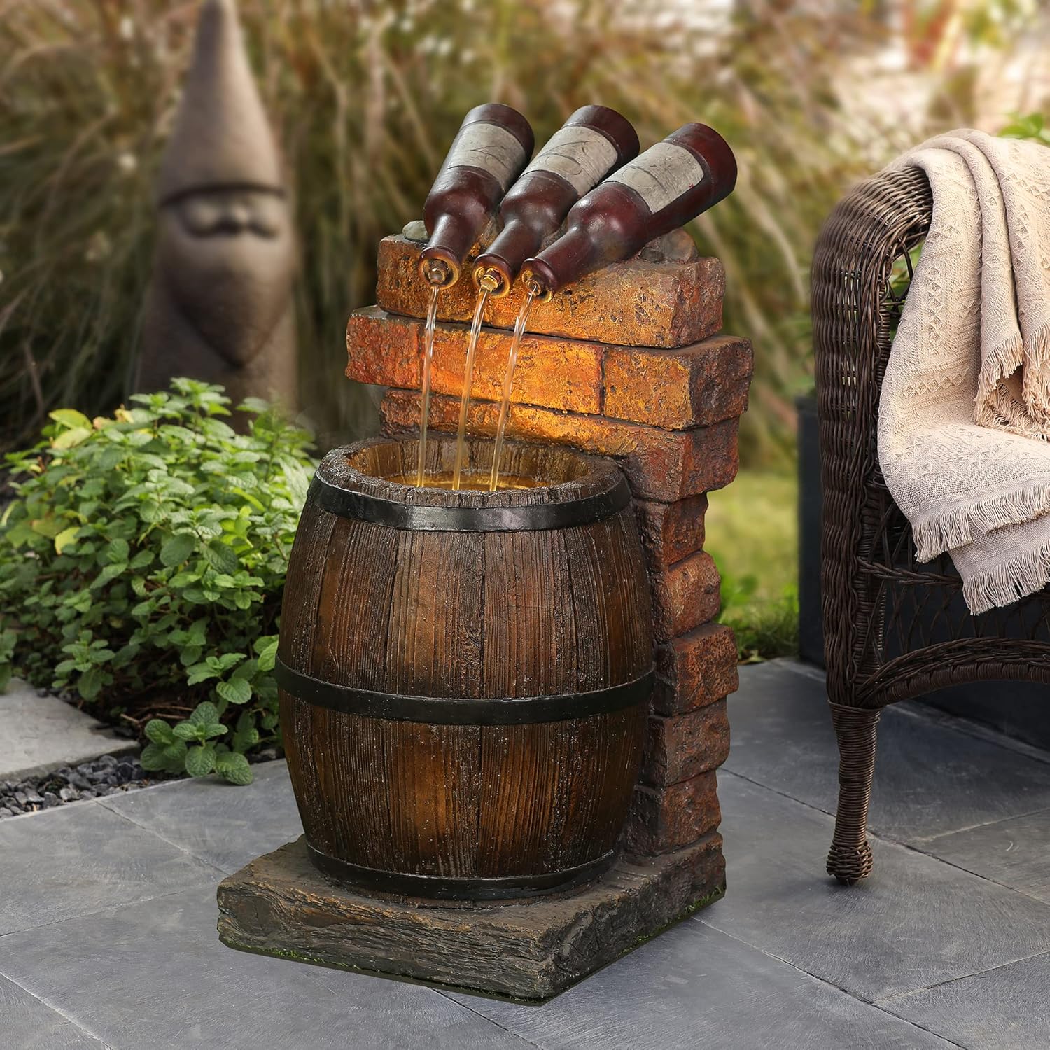 LuxenHome 4 Tired Resin Pots and Posts Outdoor Fountain, Floor Stacked Waterfall Fountain Decoration for Garden Backyard Patio Courtyard 32 Inch Tall, Brown : Patio, Lawn & Garden