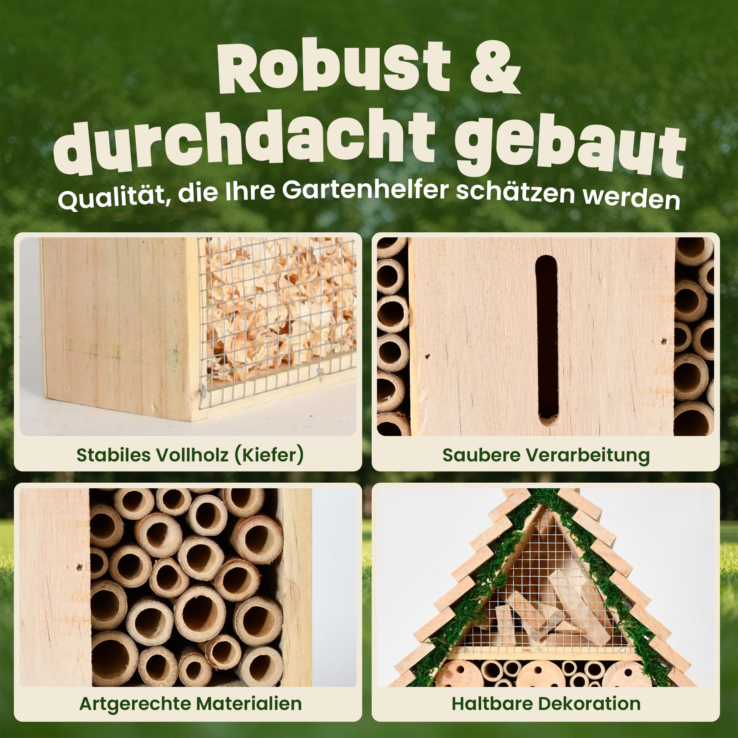 zooprinz Insektenhotel XXL Holz – Insektenhaus/Bienenhotel mit Bambus Röhrchen & Nisthilfe für Wildbienen – wetterfestes Design für Garten & Balkon – Stufendach (40,5 cm) - 4