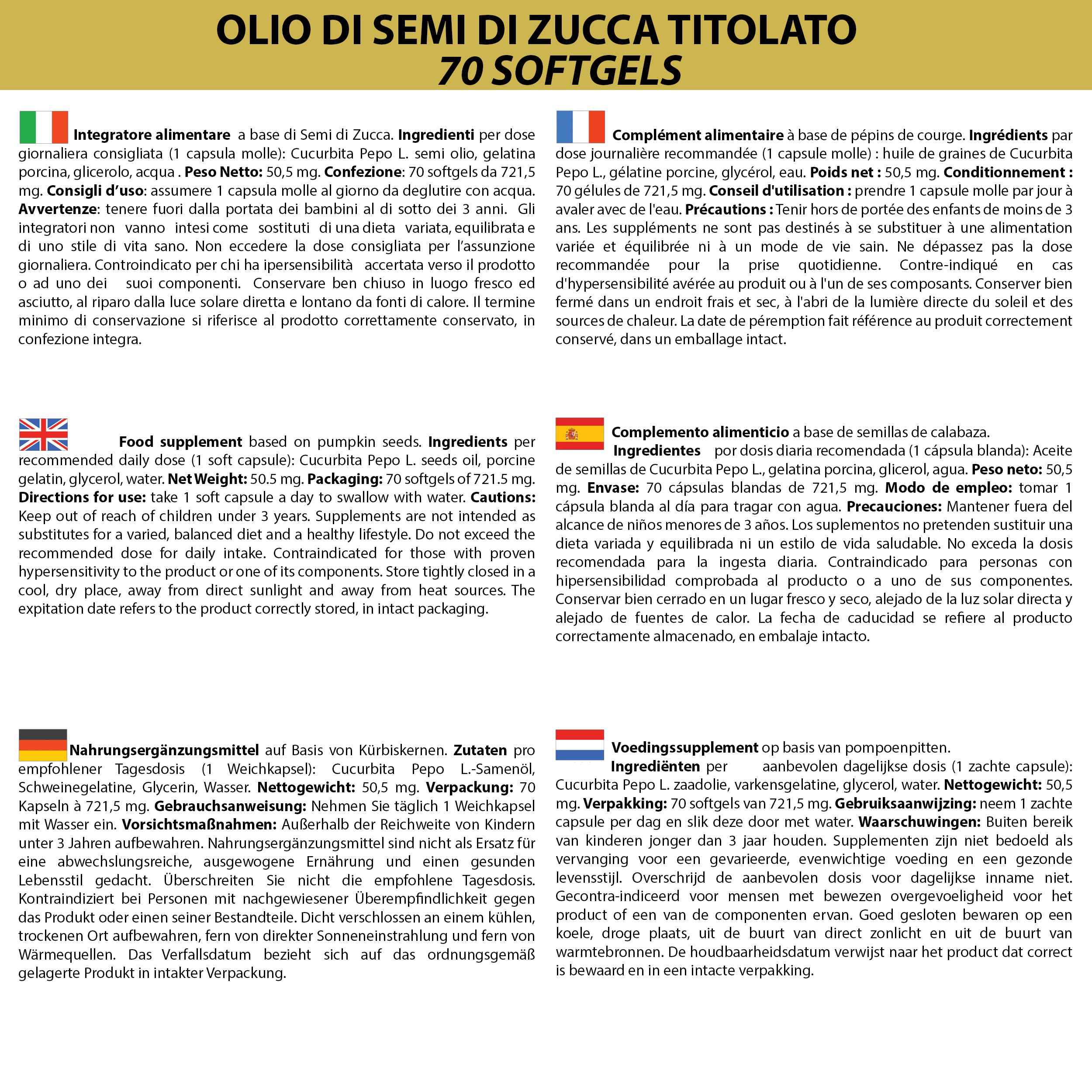 Semi di Zucca 280 Softgels | Perle con Olio Spremuto a Freddo titolato in Omega 3 Omega 6 e Omega 9, Acido Linoleico e Acido Oleico | 1 Softgel al giorno