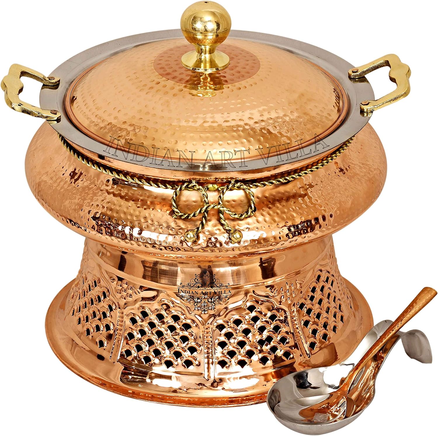 IndianArtVilla Designer Steel Copper Chafing Dish with Fuel Gel Stand & Spoon, Buffet Warmer Serveware, 270 OZ