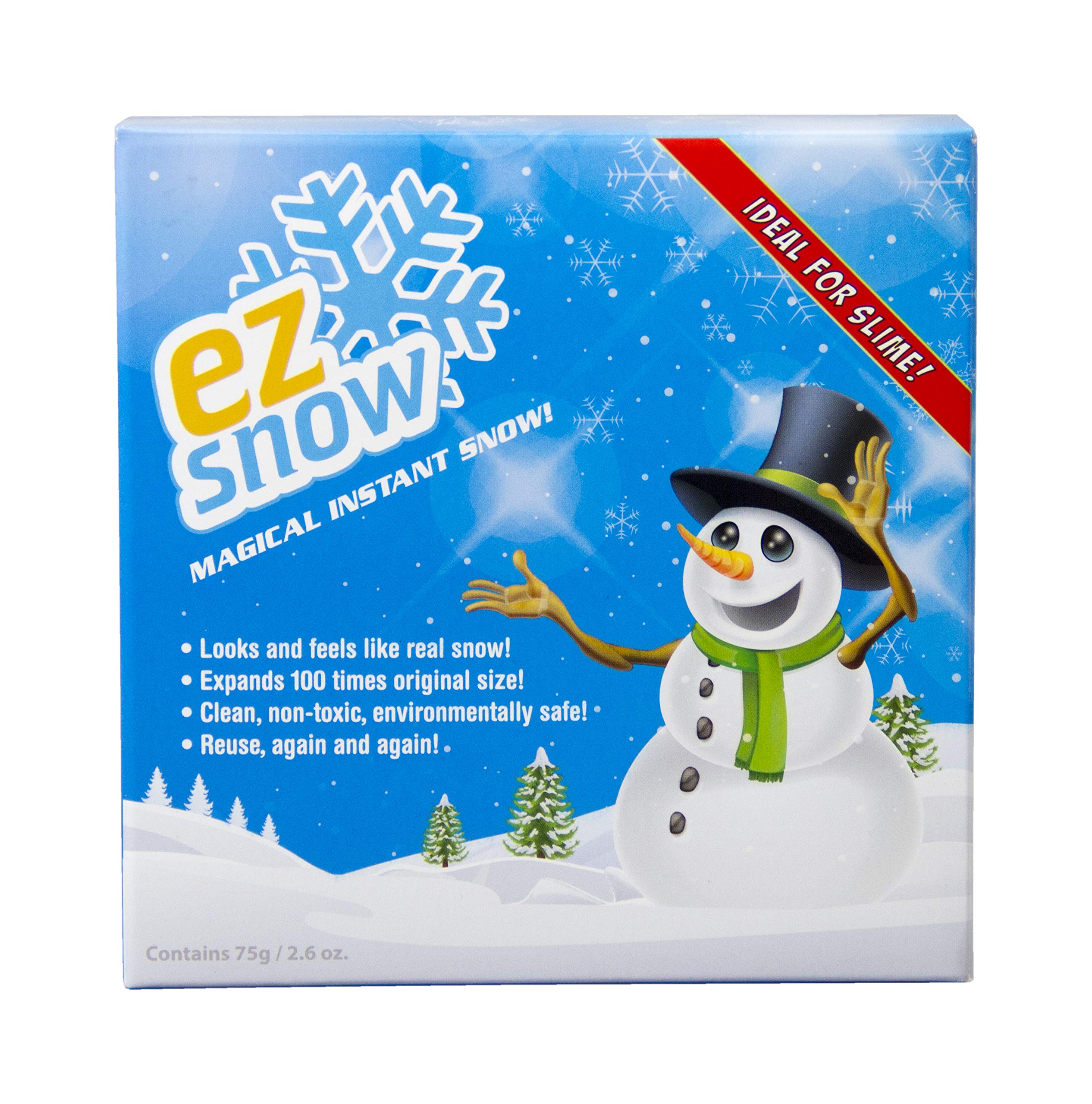 Magical Instant Snow, Looks and feels like real snow, Expands 100 times original size, Clean, non-toxic, environmentally safe, Reuse, again and again. Makes up to 2 gallons. Works with Slime!