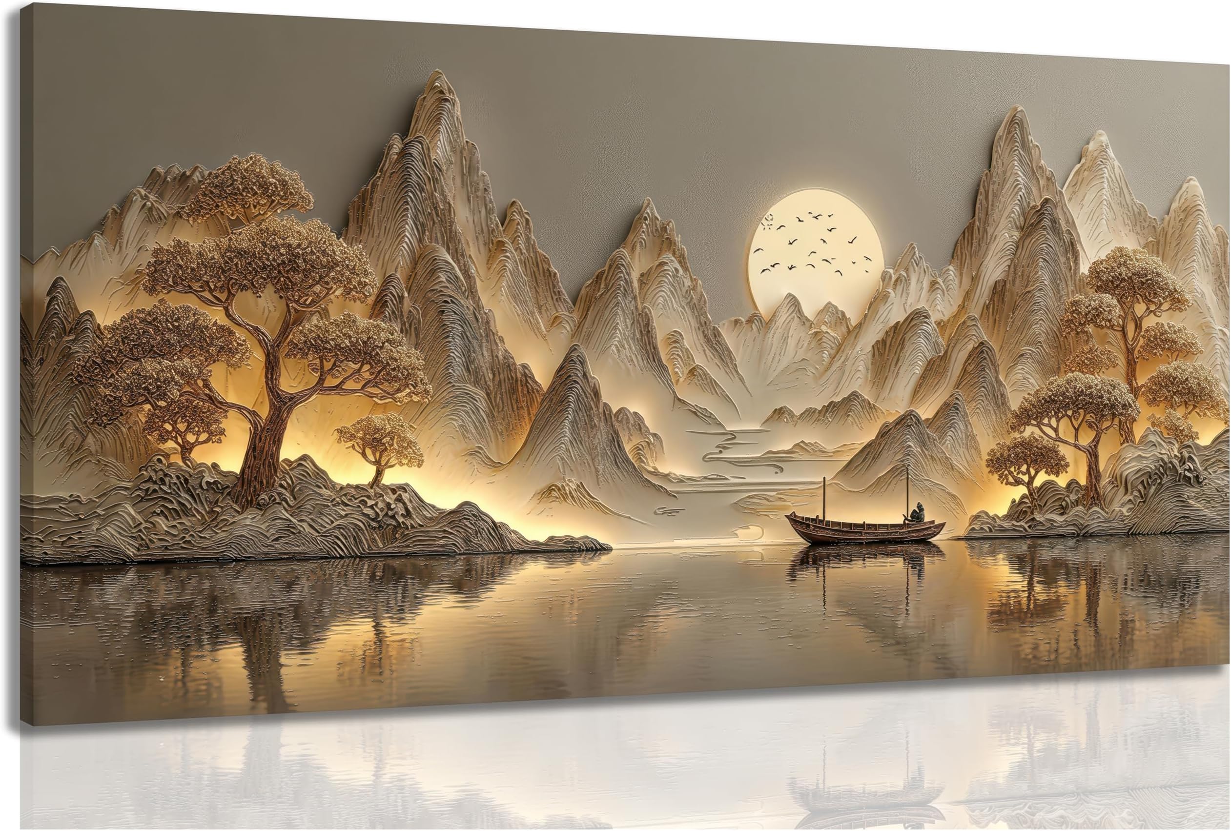 3D Texture Large Landscape Sunrises Sunset Canvas Wall Art Abstract Mountains Lake Tree Painting Picture Wall Decor Modern Nature Scenery Poster Print Artwork for Living Room Office Home Decoration