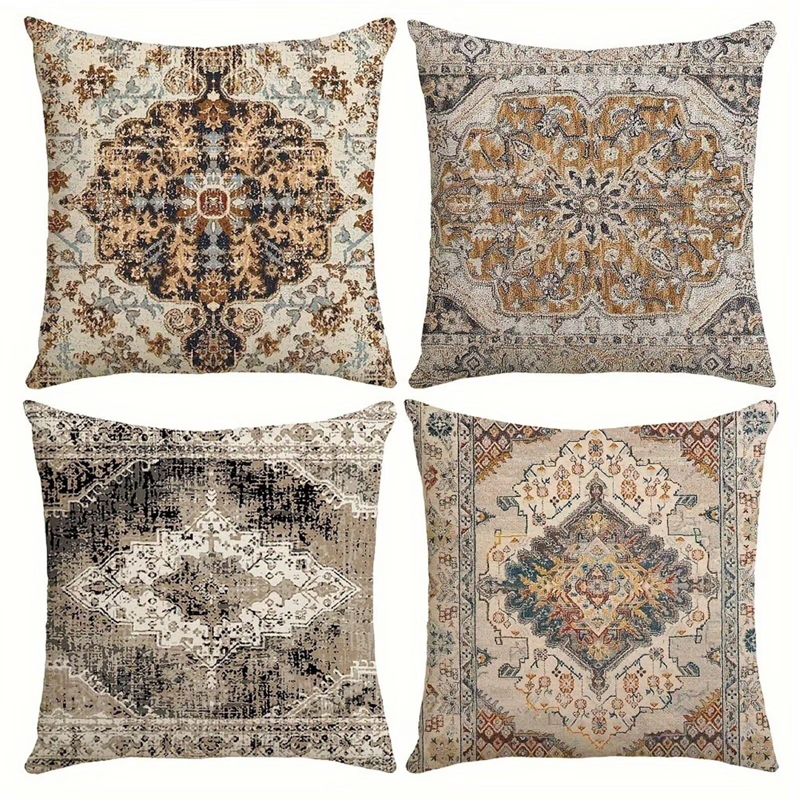 QiHon Cushion Covers 45x45 cm Set of 4 Vintage Bohemian Linen Square Pillow Cases 18x18 inch Modern Decorative Throw Pillow Covers for Sofa Couch Bedroom Home Office with Invisible Zipper