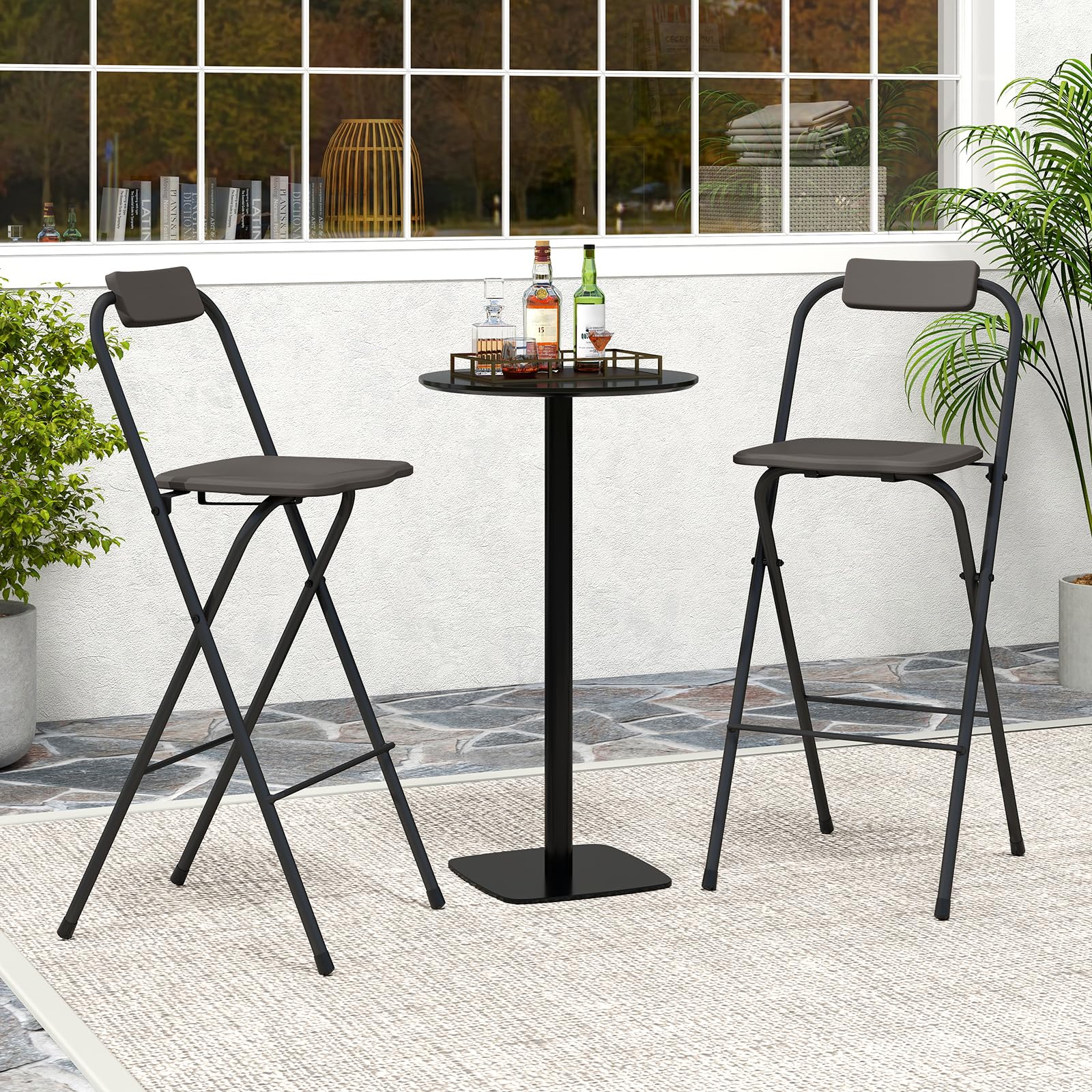 COSTWAY Set di 2 Sgabelli da Bar Pieghevoli, Sedia Alta con Schienale e Poggiapiedi, Struttura in Metallo, per Interno ed Esterno, Portata 150 kg (Grigio)