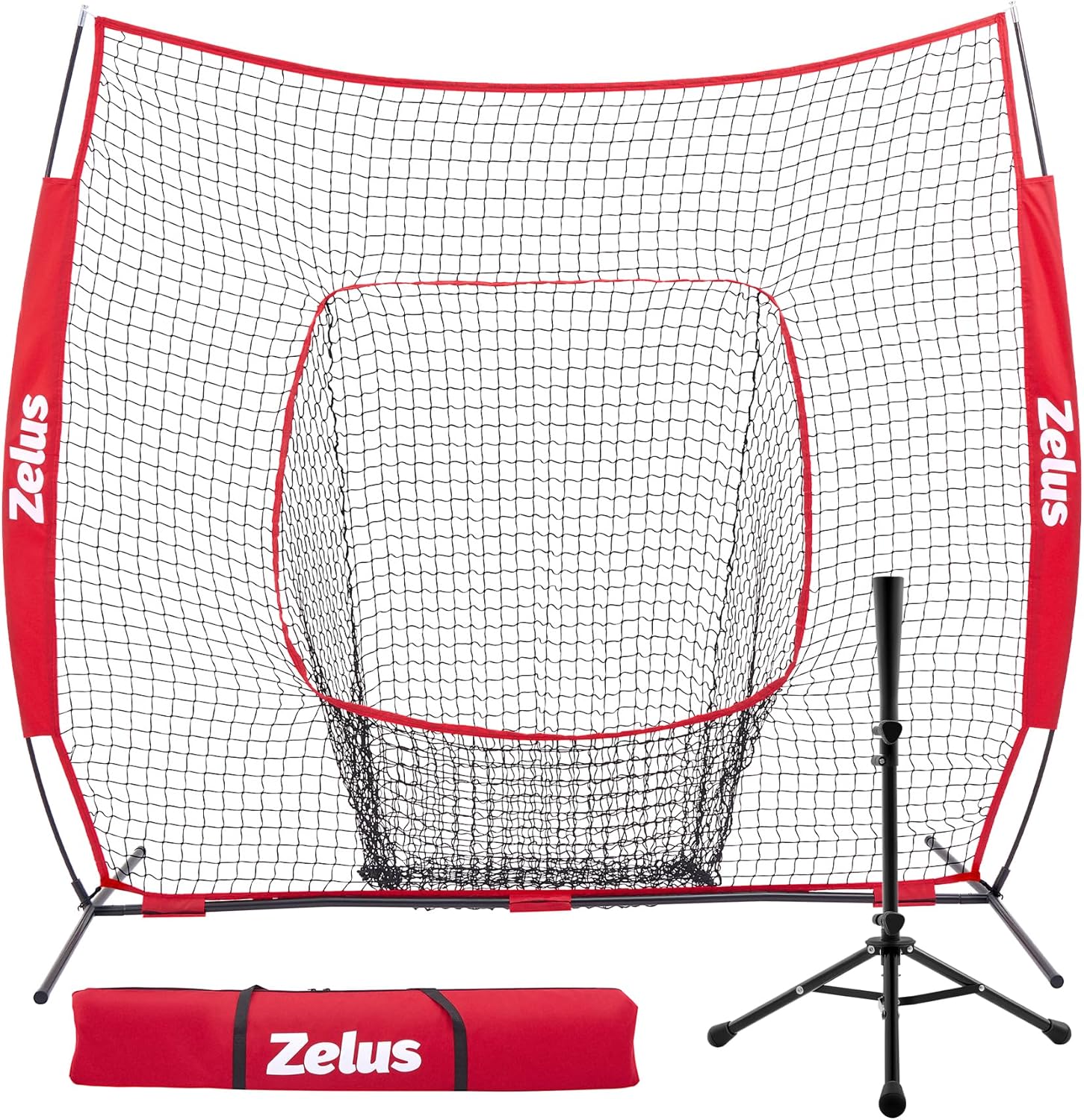 ZELUS Baseball & Softball Practice Hitting and Pitching Net with Batting Tee, Portable Backstop Net with Carry Bag, Training Equipment for All Ages Red