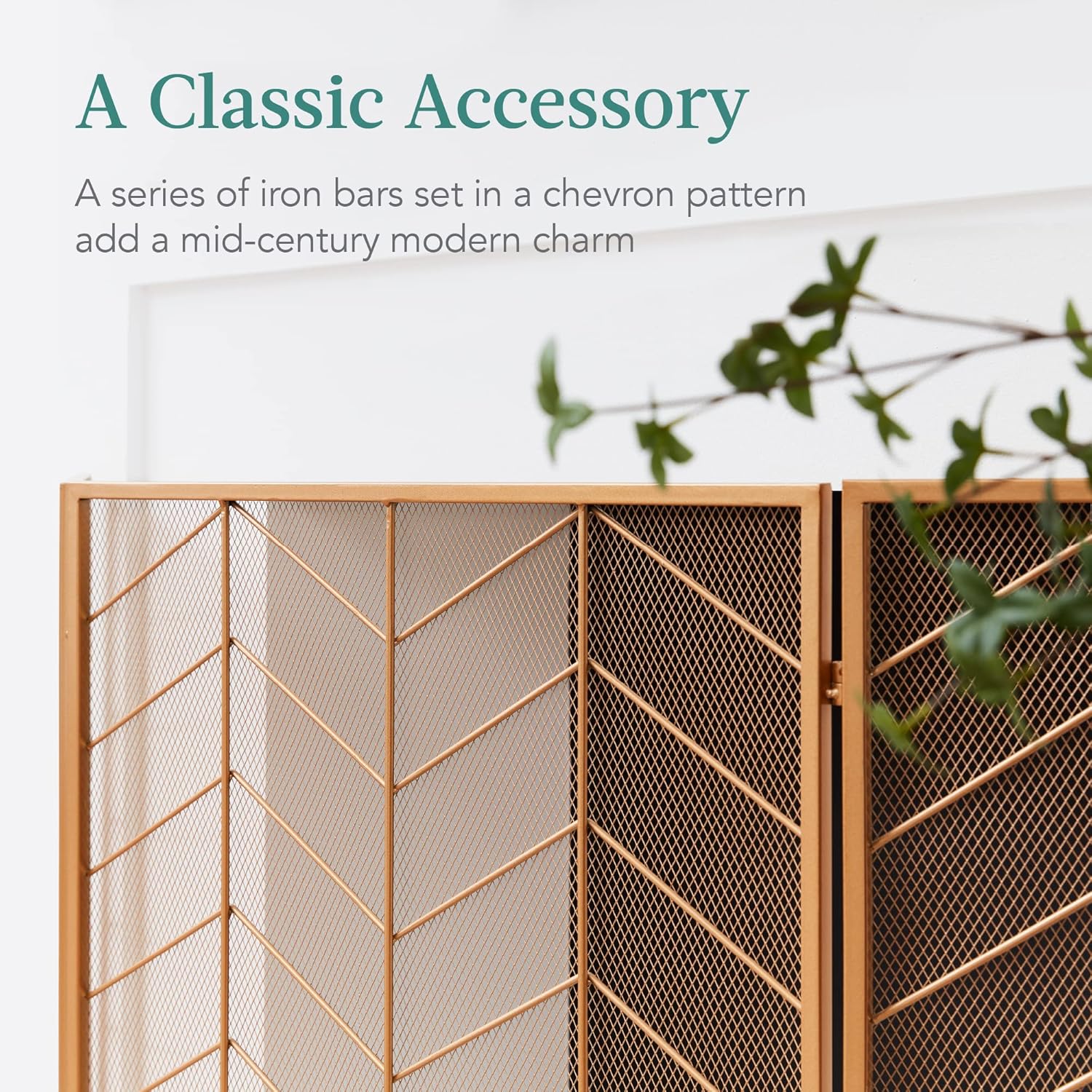 Best Choice Products 52x31in 3 Panel Chevron Fireplace Screen, Mid Century Modern Wrought Iron Hand Crafted Fire Place Guard for Living Room Home Decor, Steel Mesh - Gold