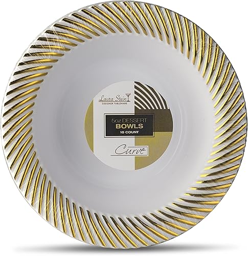 40 unidades cuencos de 5 onzas Laura Stein Designer vajilla premium de plástico pesado blanco postre tazón con borde diseñado en oro, placa de