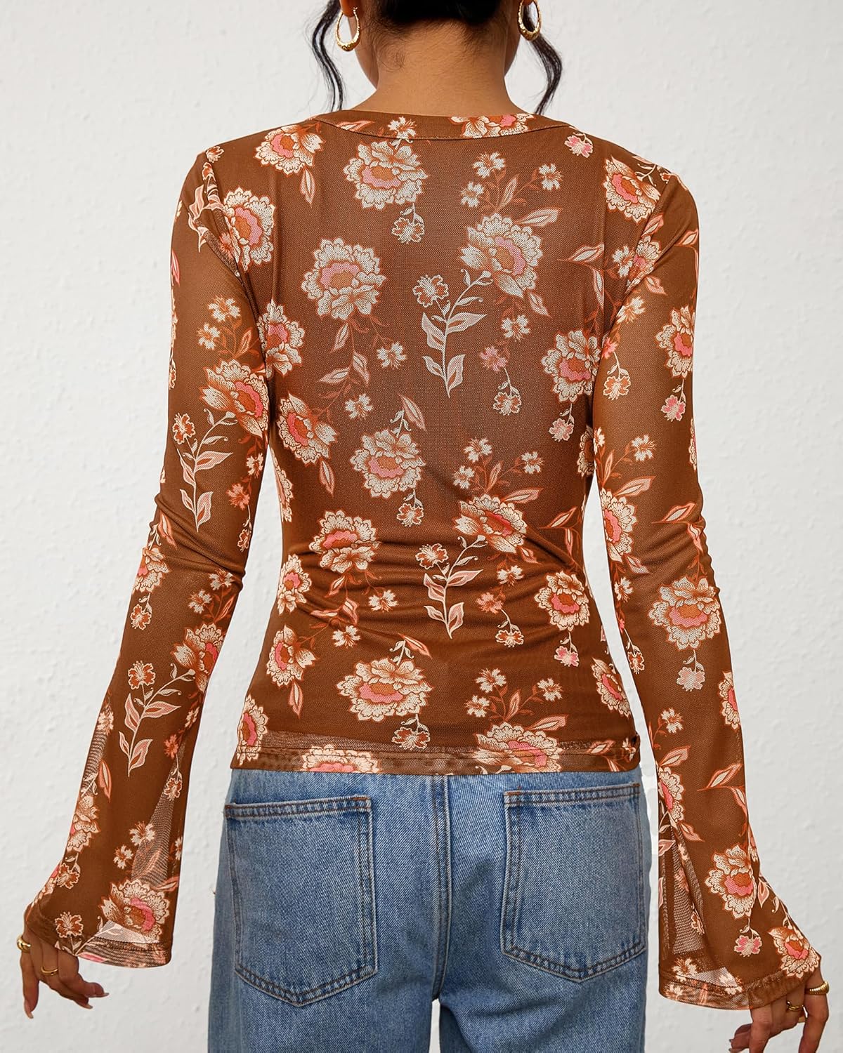 BTFBM Button Down Shirts for Women 2026 Spring Boho Tops V Neck Long Sleeve Blouses Ruched Mesh Fitted Fall Fashion - Image 4