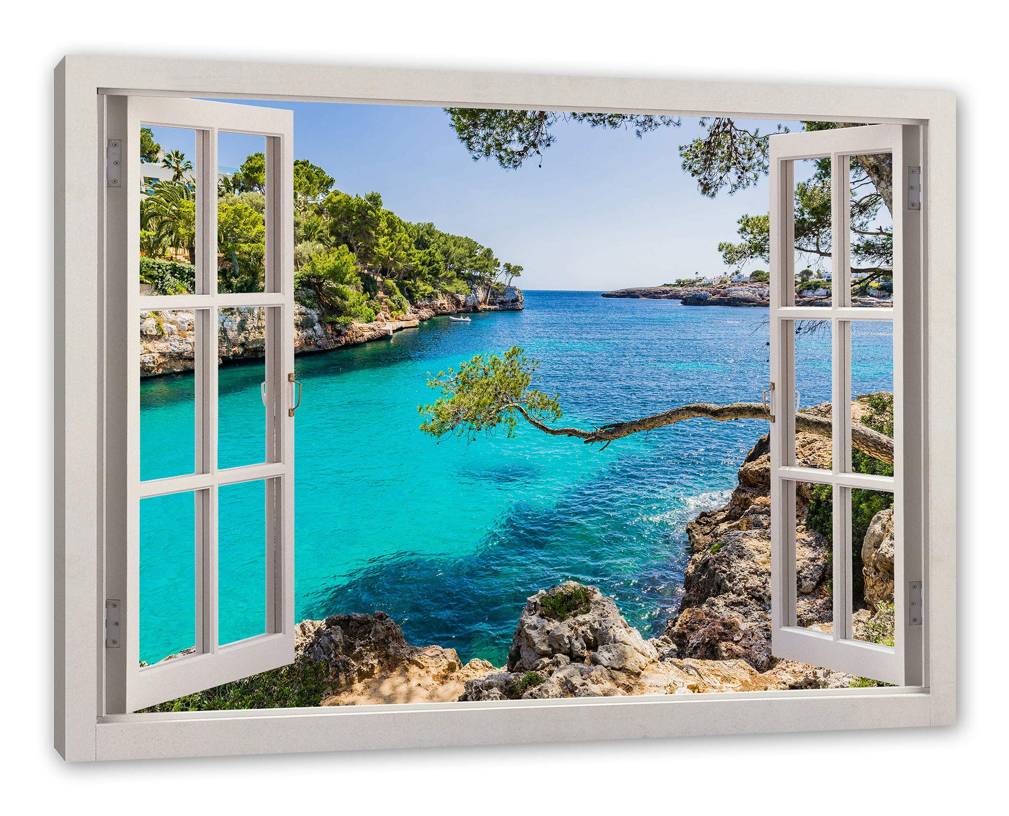 Pixxprint Mallorca Bay Cove, Fensterbild, Größe: 120x80cm, Leinwandbild, fertig gespannt, Wandbild, Dekoration, Kunstdruck, kein Poster