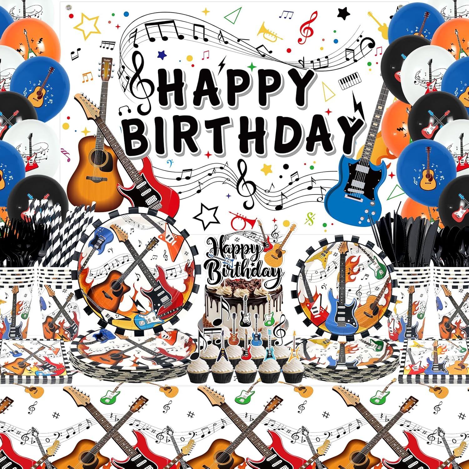 Guitar Birthday Party Supplies, Includes Happy Birthday Backdrop, Plates, Tablecloth, Cups, Balloon and Straws, for Music Instrument Baby Shower Supplies