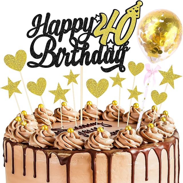 ADXCO Black and Gold Glittering Cake Decoration 40th Happy Birthday Cake Topper, 20 Pieces Heart and Star Cake Toppers, Confetti Balloon Cupcake Topper Decoration for Birthday Cake Supplies