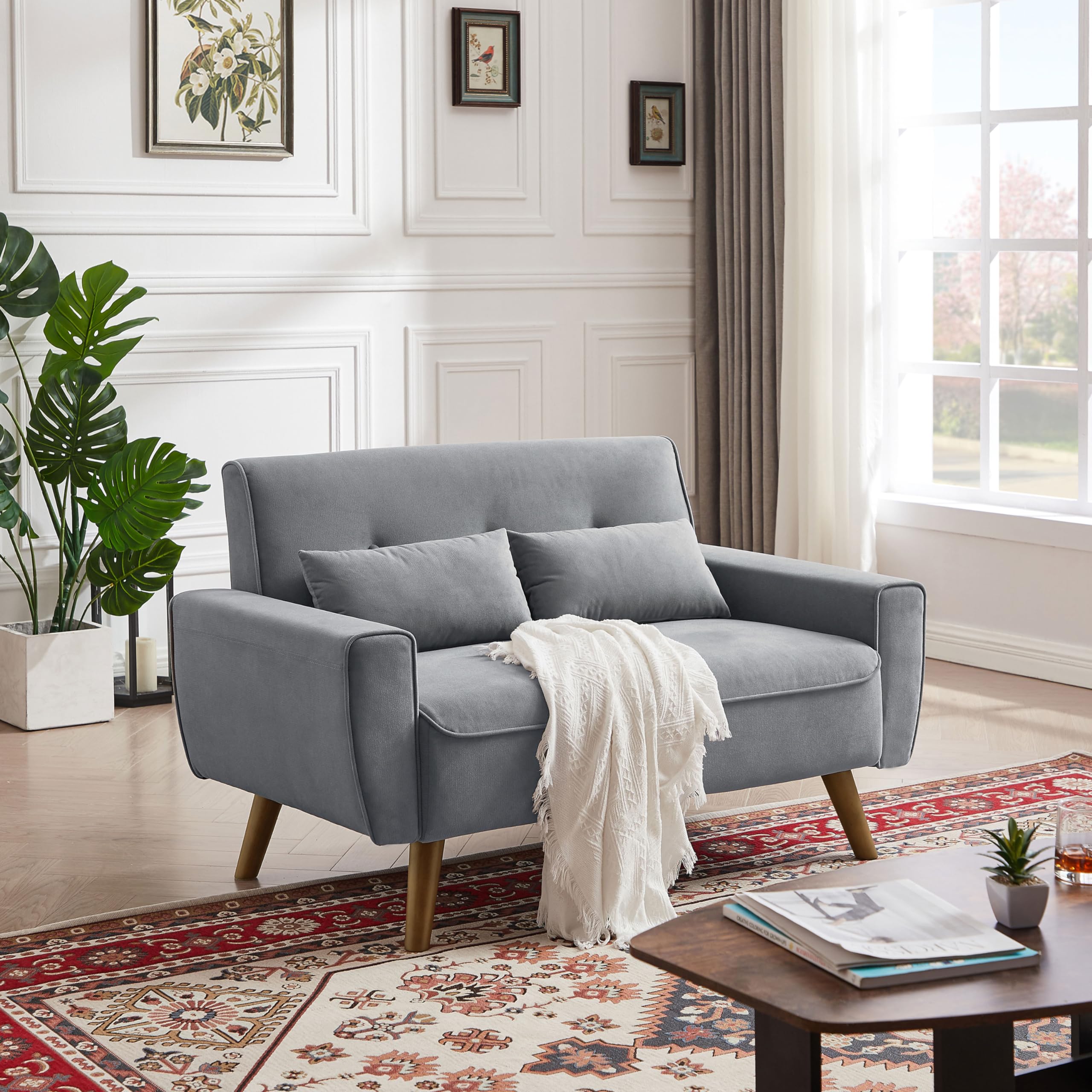 48 Small Loveseat Sofa Mid Century Modern Love Seat with Back Cushions and Plastic Legs 2 Seater Couches