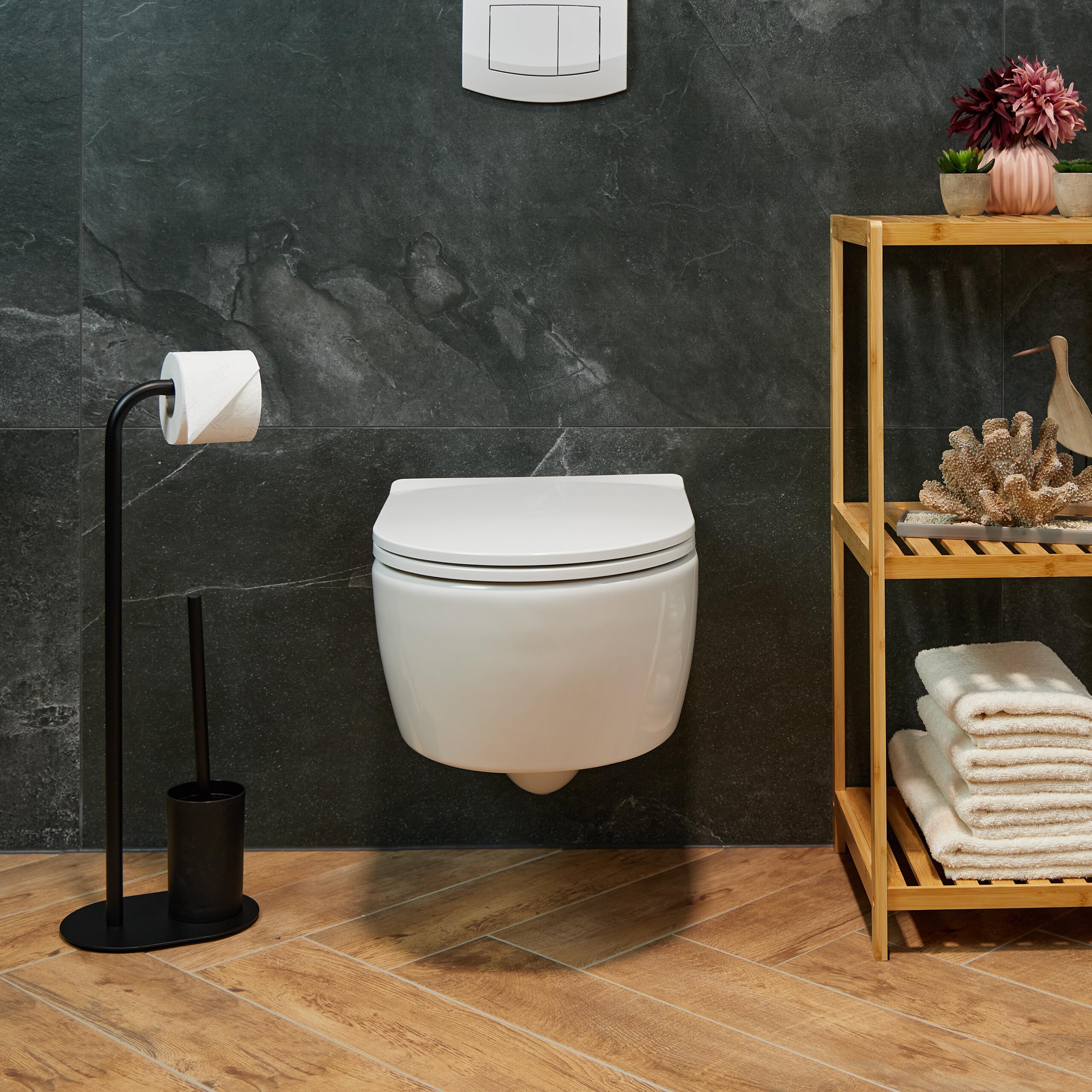 Relaxdays Piantana Portarotolo e Portascopino, HLP 64,5x23x17 cm Porta Scopino e Carta Igienica da Bagno, in Ferro, Nero