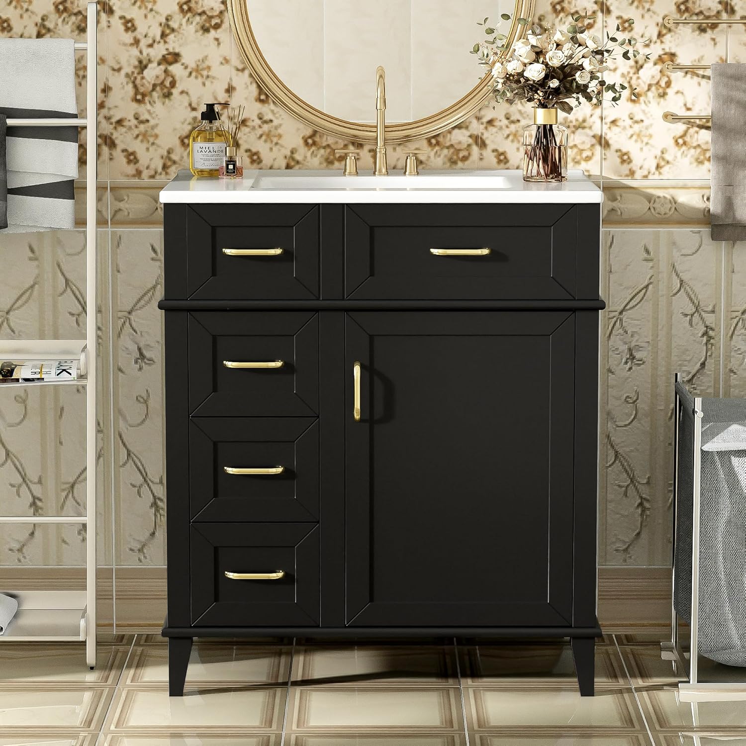 Merax 30 Inch Bathroom Vanity with Ceramic Sink, Adjustable Shelf, Soft Close Door, and Three Soft Close Drawers,Black
