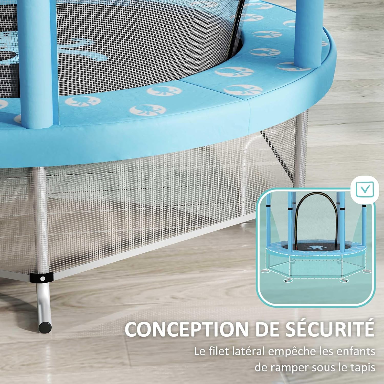 Close-up of the trampoline's base showing the bottom protection net and padded frame.