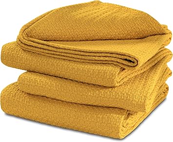 100% Cotton Basket Weave Thermal Bed Blanket Breathable Super Soft Layering All Season Light Weight for Home Decoration Mustard, Full/Queen